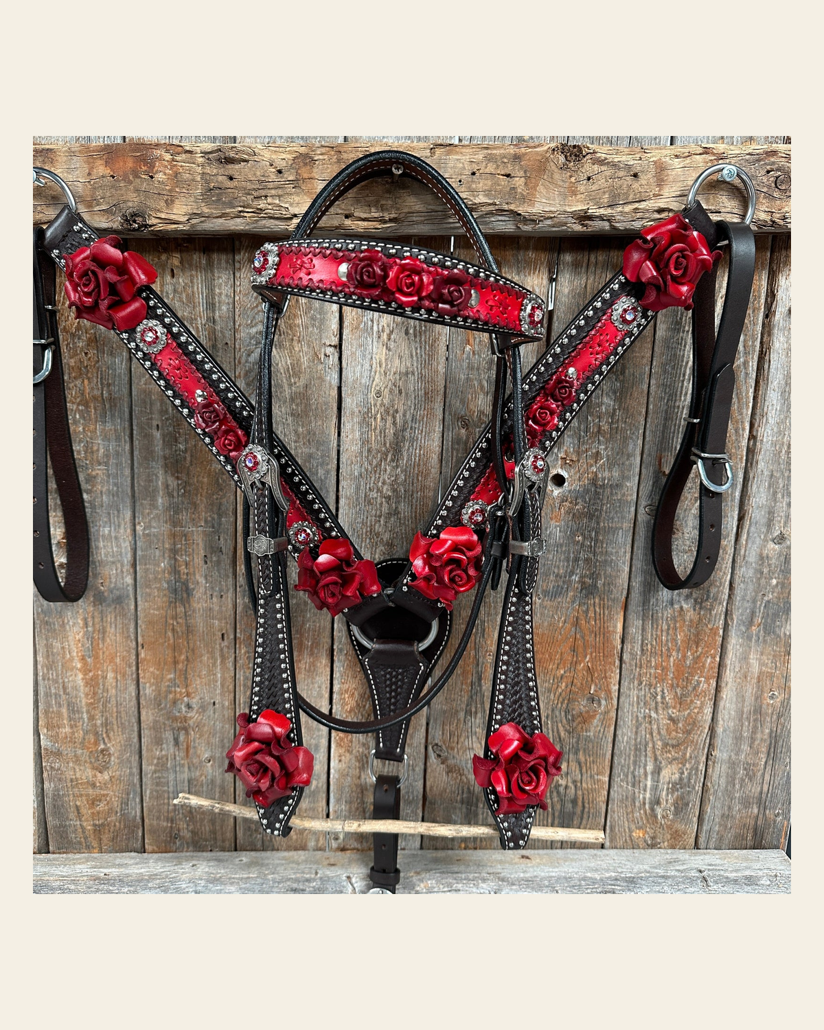 Dark Oil Silver Dot Red Roses Browband/Breastcollar Tack Set #BBBC570 on a warm cream background