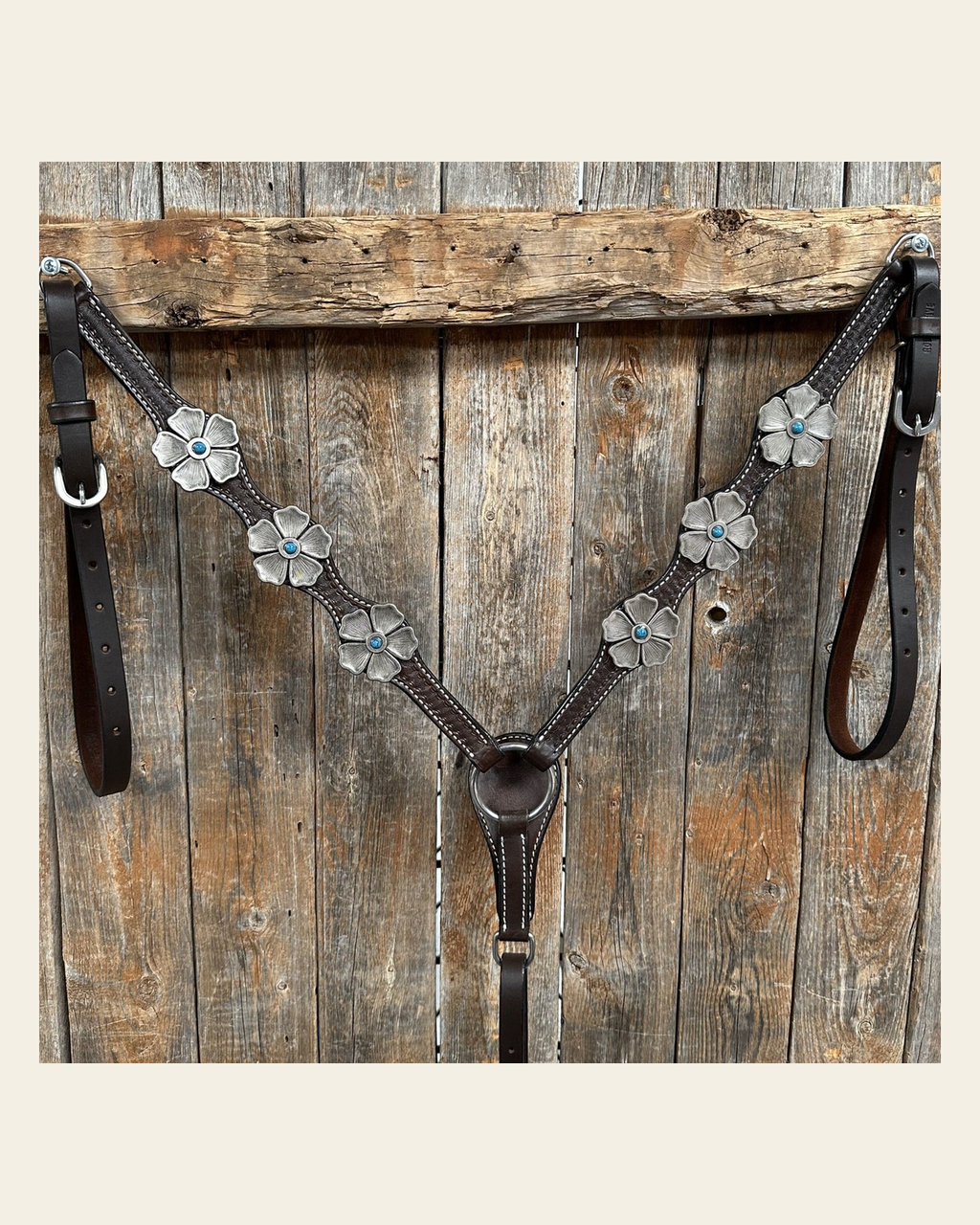 Dark Oil Silver Flower Breastcollar #BC120 on a warm cream background