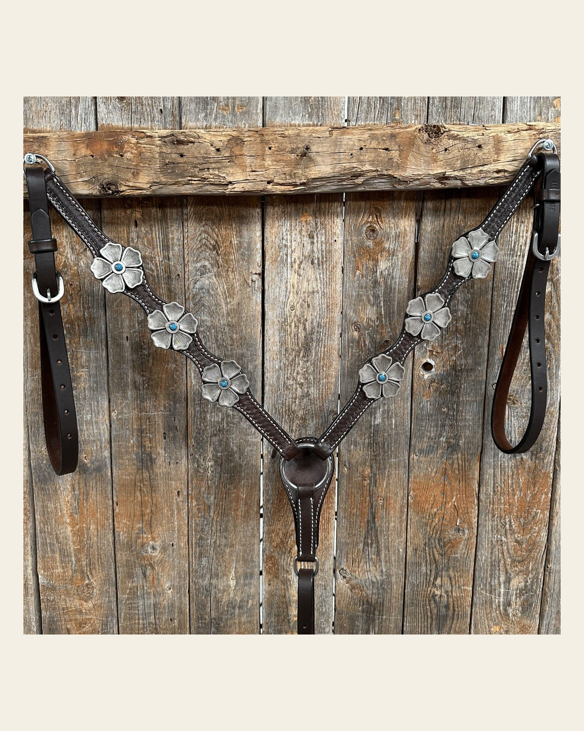 Dark Oil Silver Flower Breastcollar #BC120 on a warm cream background