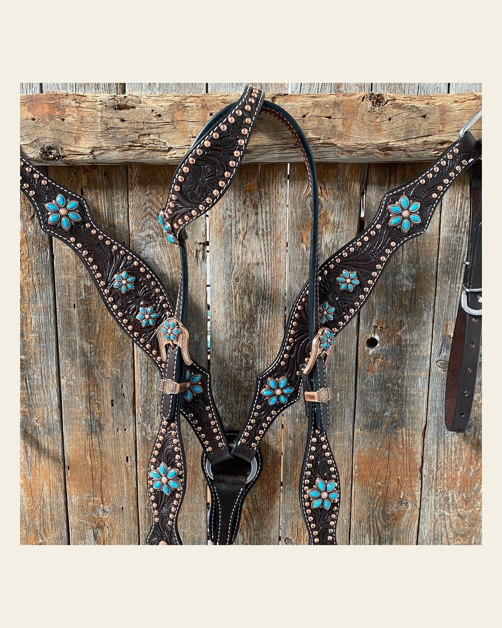 Dark Oil Turquoise Floral One Ear / Browband & Breastcollar Tack Set #OEBC433 on a warm cream background