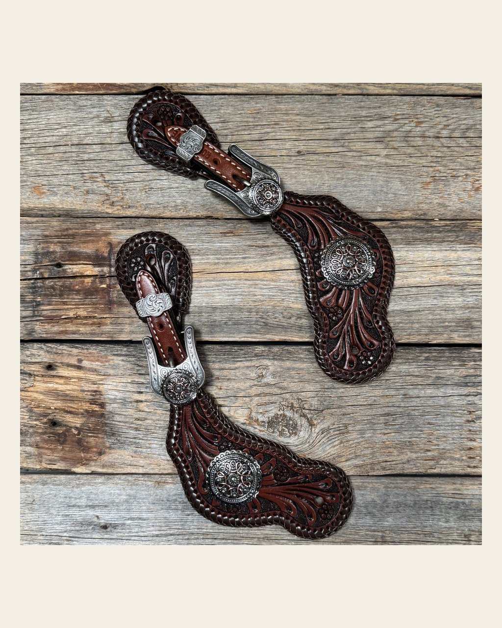 Dark Oil Whipstitch Copper Flower Spur Straps - Western Conchos #SS135 on a warm cream background