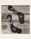 Dark Oil Whipstitch Copper Flower Spur Straps - Western Conchos #SS135 on a warm cream background