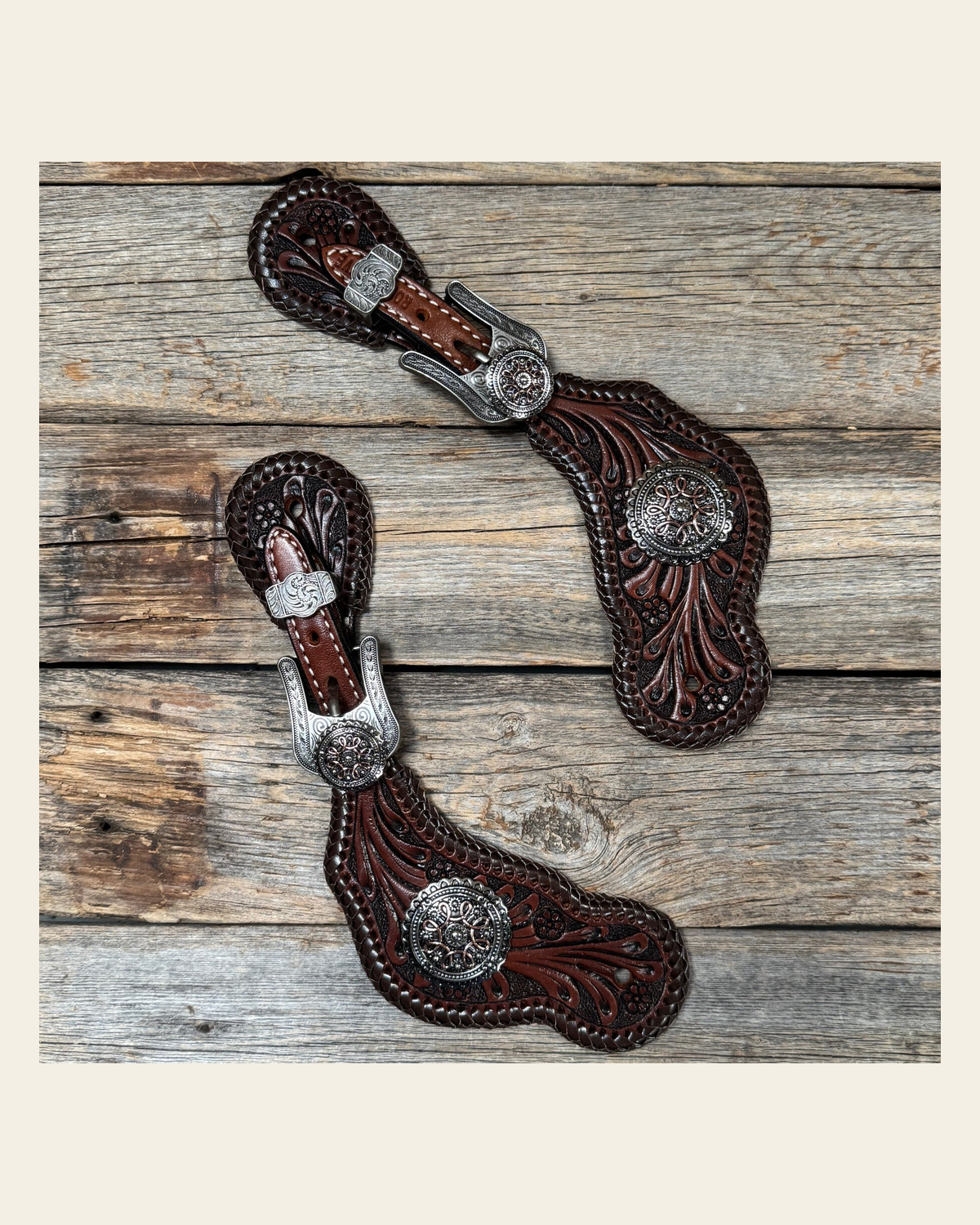Dark Oil Whipstitch Copper Flower Spur Straps - Western Conchos #SS135 on a warm cream background