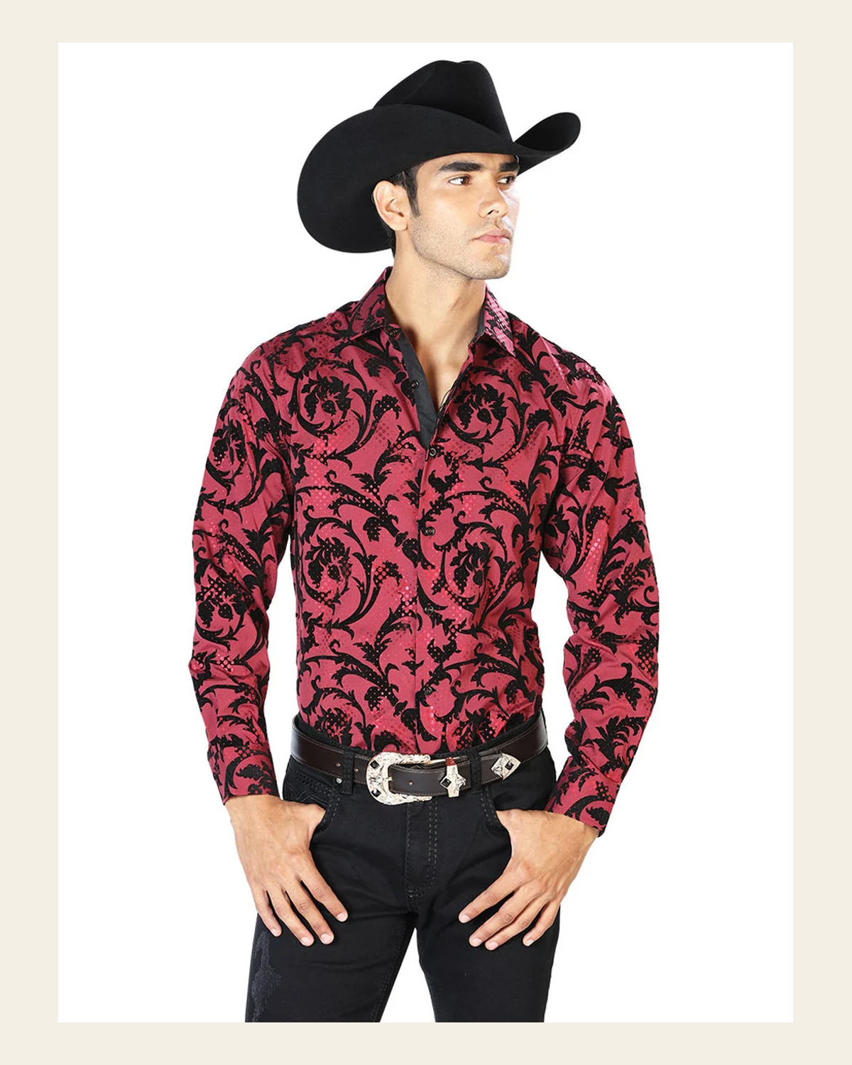 Dark Wine Casual Long Sleeve Shirt 43585 on a warm cream background