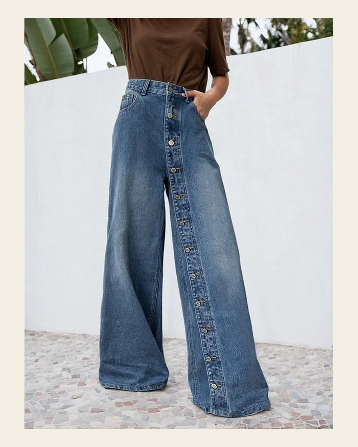 Davi Button Down Denim | Jeans on a warm cream background