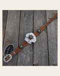 DC23 -Light Oil Genuine Leather Dog Collar - White Flower & Copper Conchos 10"-22" on a warm cream background