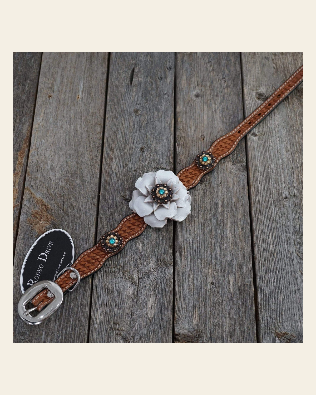 DC23 -Light Oil Genuine Leather Dog Collar - White Flower & Copper Conchos 10"-22" on a warm cream background