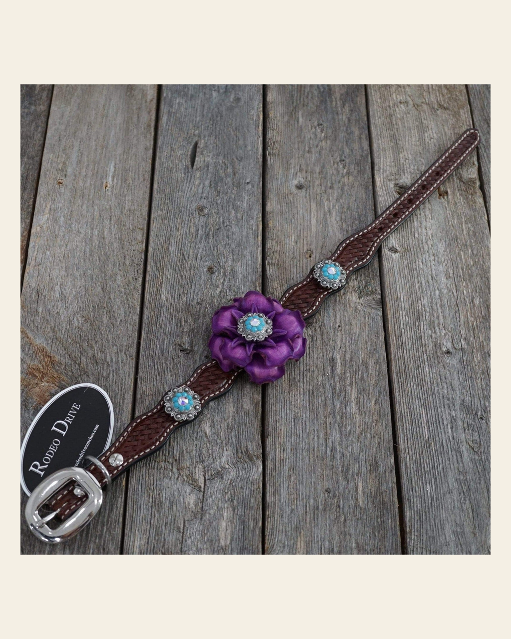 DC26 -Medium Oil Genuine Leather Dog Collar - Purple Flower & Antique Silver Conchos 10"to 22" on a warm cream background