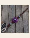 DC26 -Medium Oil Genuine Leather Dog Collar - Purple Flower & Antique Silver Conchos 10"to 22" on a warm cream background