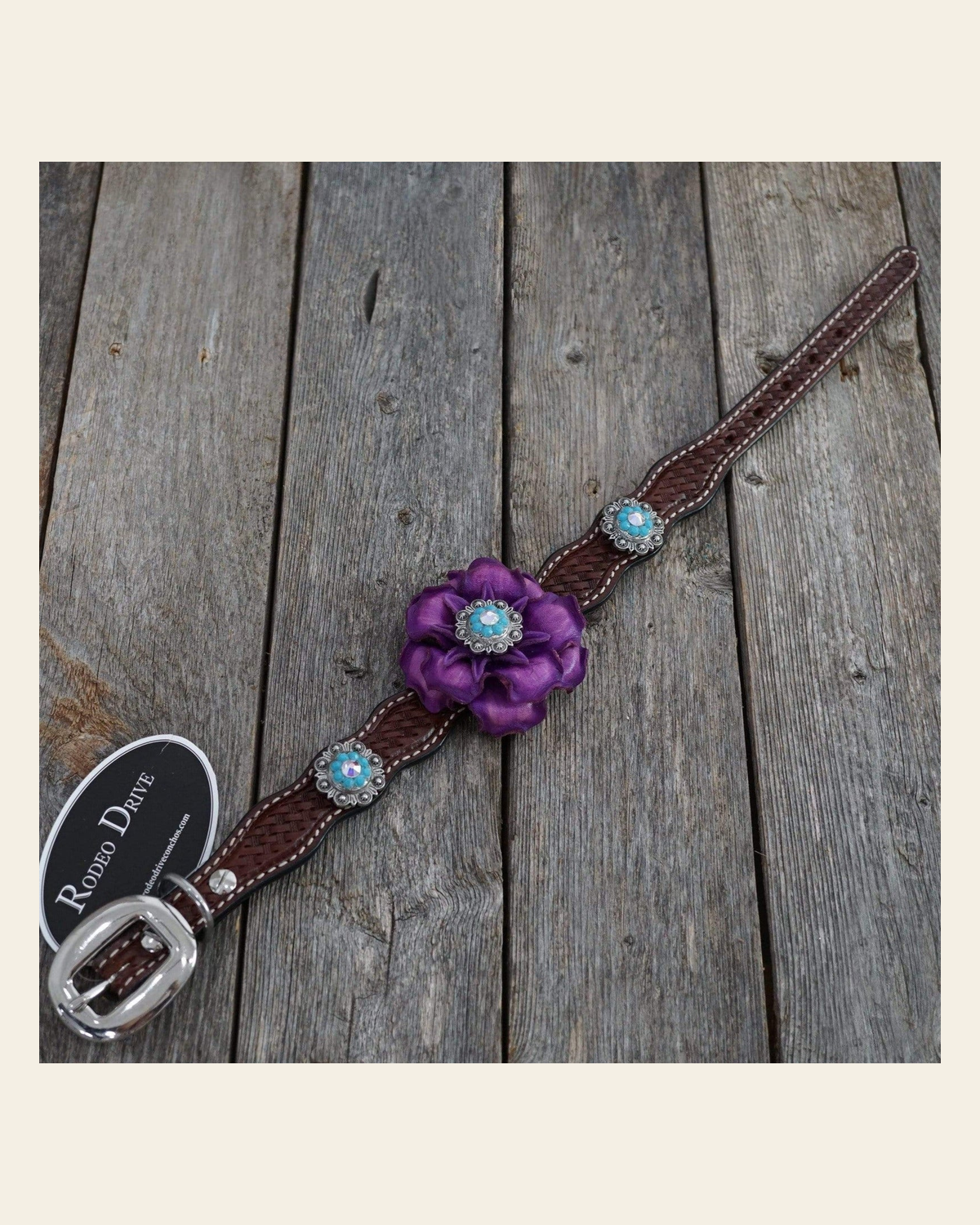 DC26 -Medium Oil Genuine Leather Dog Collar - Purple Flower & Antique Silver Conchos 10"to 22" on a warm cream background