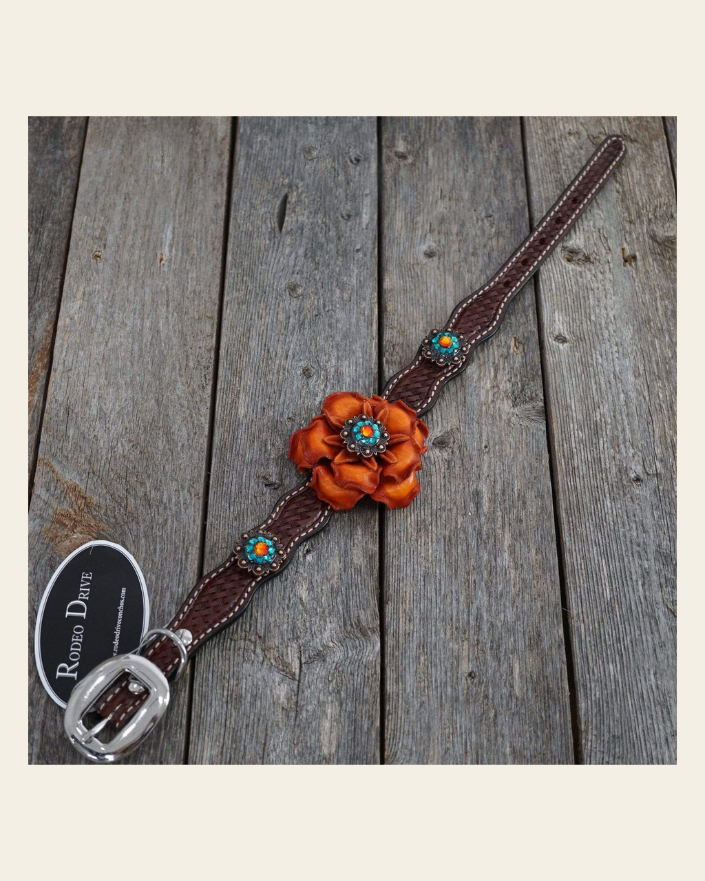 DC27 -Medium Oil Genuine Leather Dog Collar - Orange Flower & Copper Conchos 10" to 22" on a warm cream background