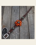 DC27 -Medium Oil Genuine Leather Dog Collar - Orange Flower & Copper Conchos 10" to 22" on a warm cream background