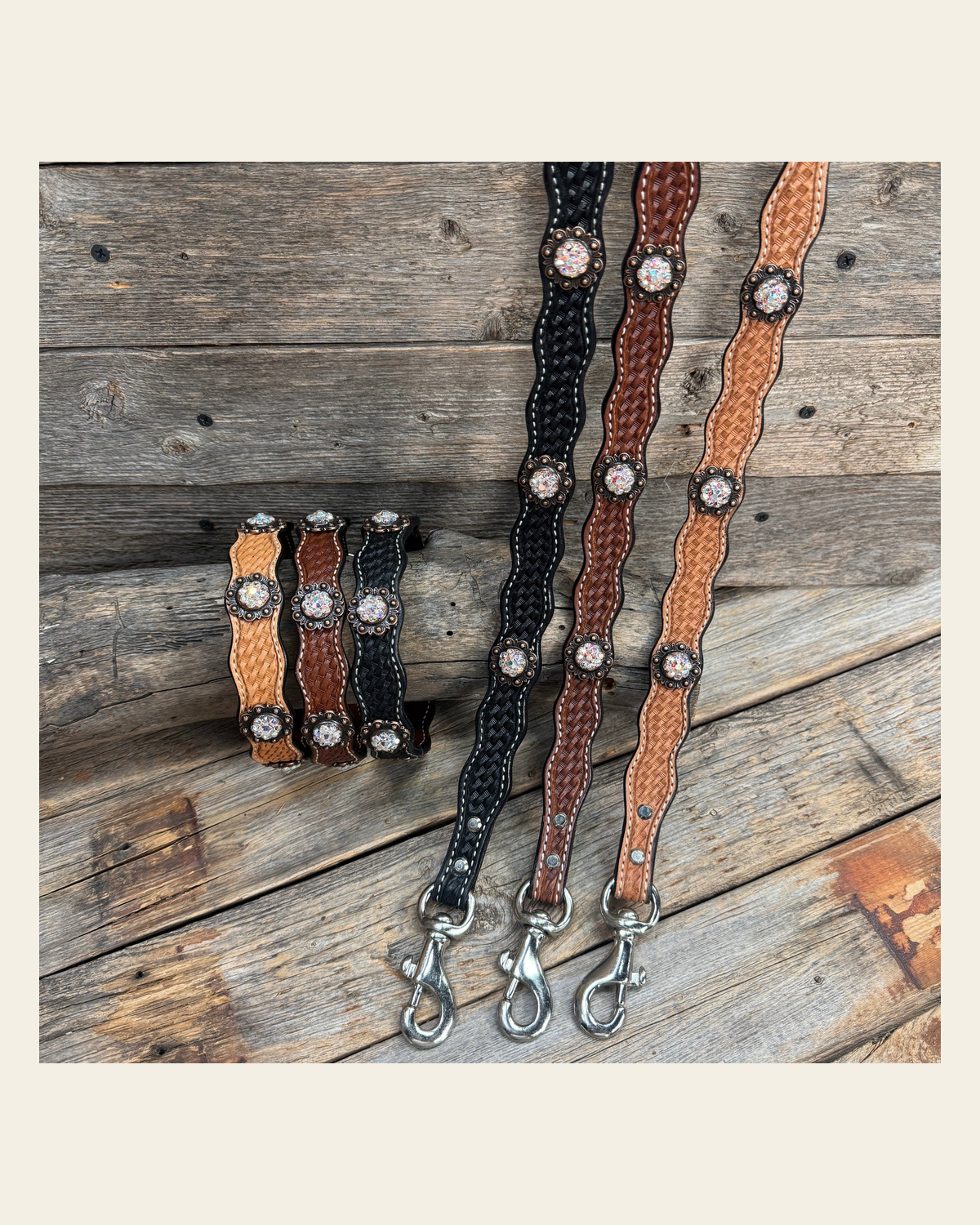Genuine Leather Dog Collar or Leash With Copper AB Conchos 10" to 22" DC33 on a warm cream background
