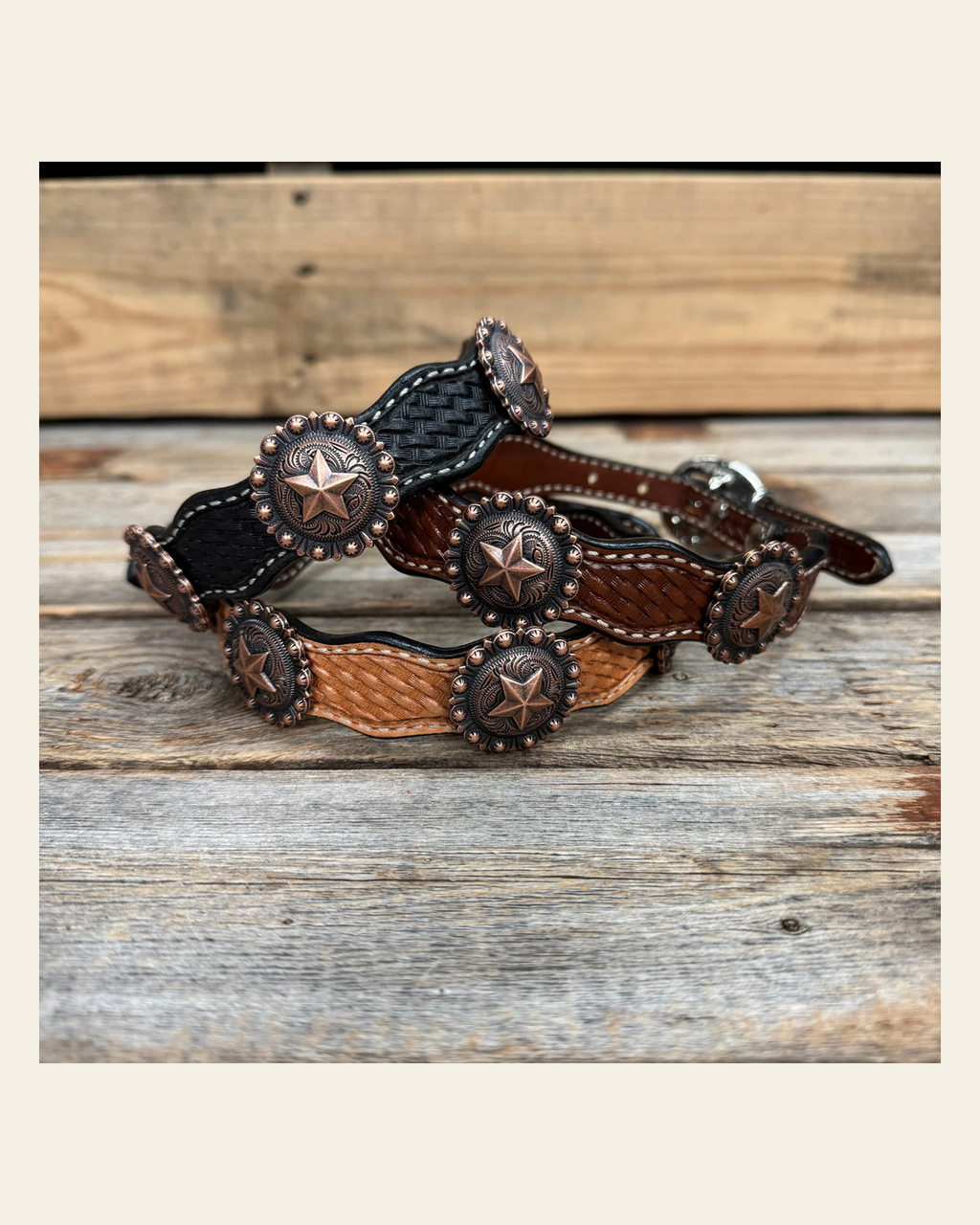 Genuine Leather Dog Collar With Copper Star Concho 12" to 22" W175L | DC4 on a warm cream background