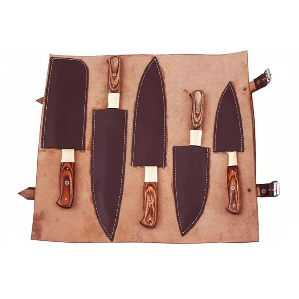 5-Piece Forged Damascus Culinary Knife Set with Pakka Wood Handles and Wood Grain Blades