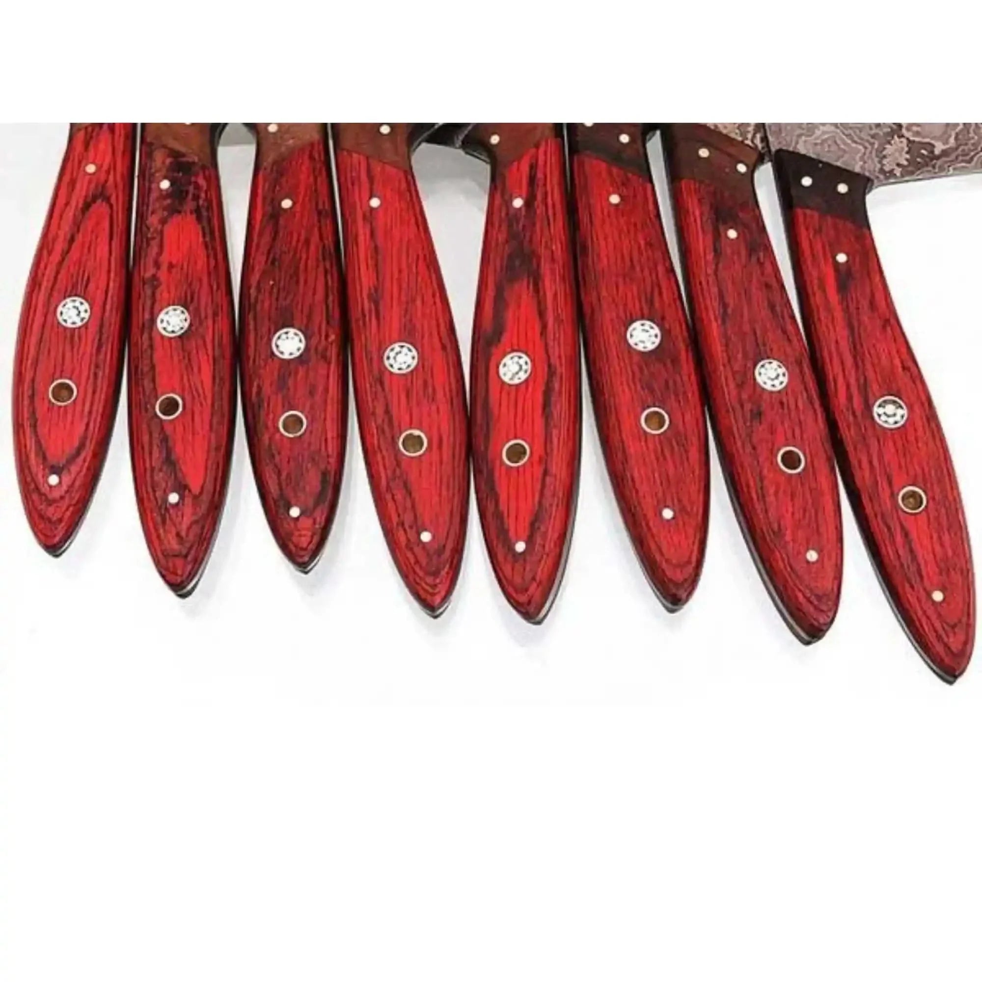 8 Piece Damascus Knife Set with Red Pakka Handles and  Leather Roll