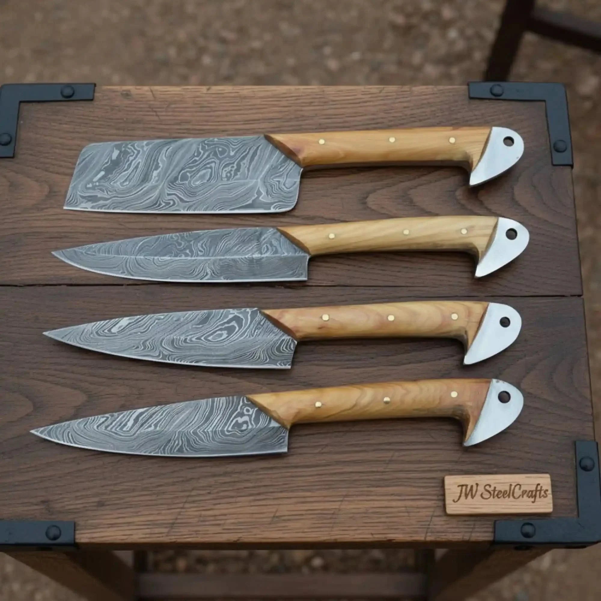 Damascus Kitchen Knife Set of 4 - Hand-Forged Full Tang Blades