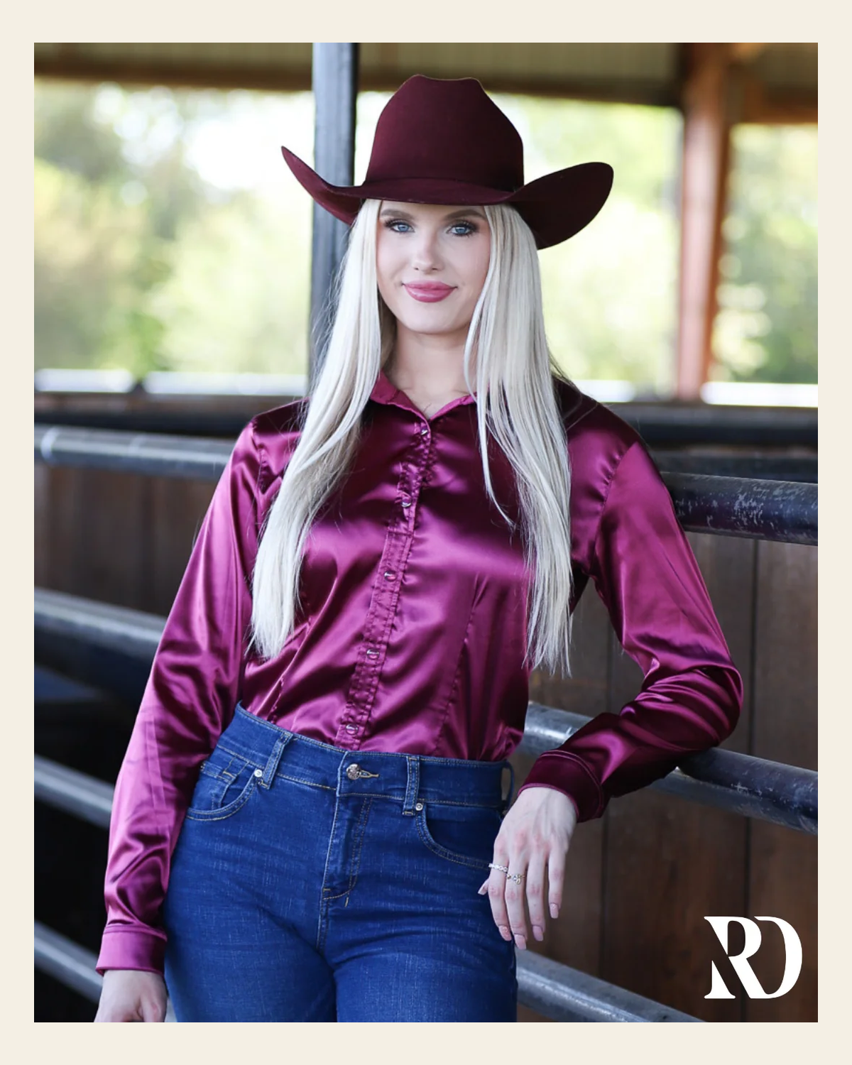 Deep Plum Satin Performance Rodeo Shirt on a warm cream background