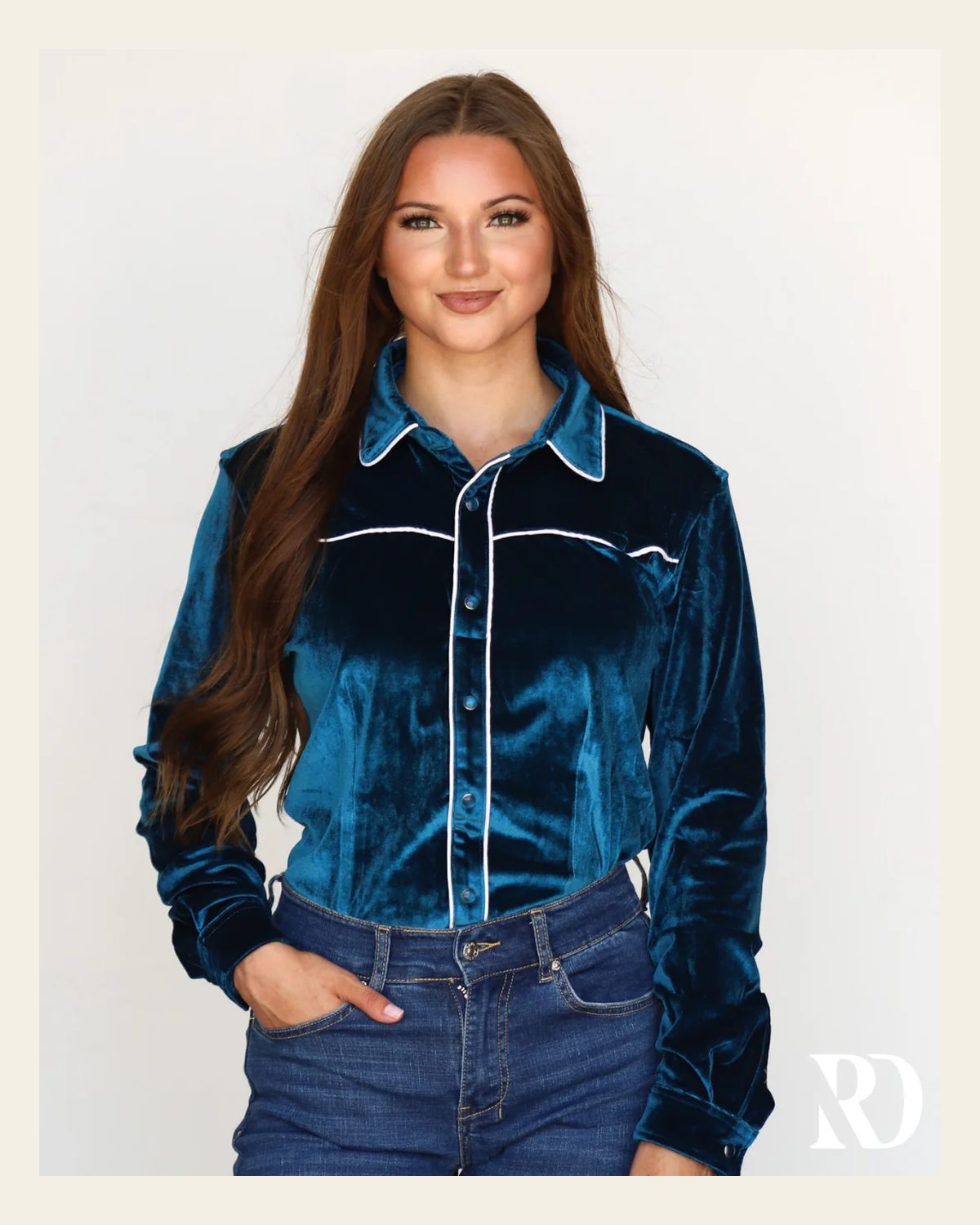 Deep Sea Velvet Performance Rodeo Shirt on a warm cream background