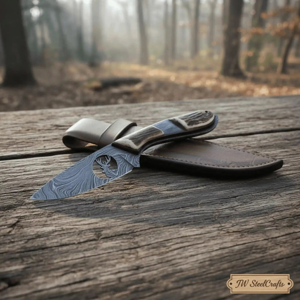 Damascus Skinner Knife Stag Handle 6.5” Fixed Blade