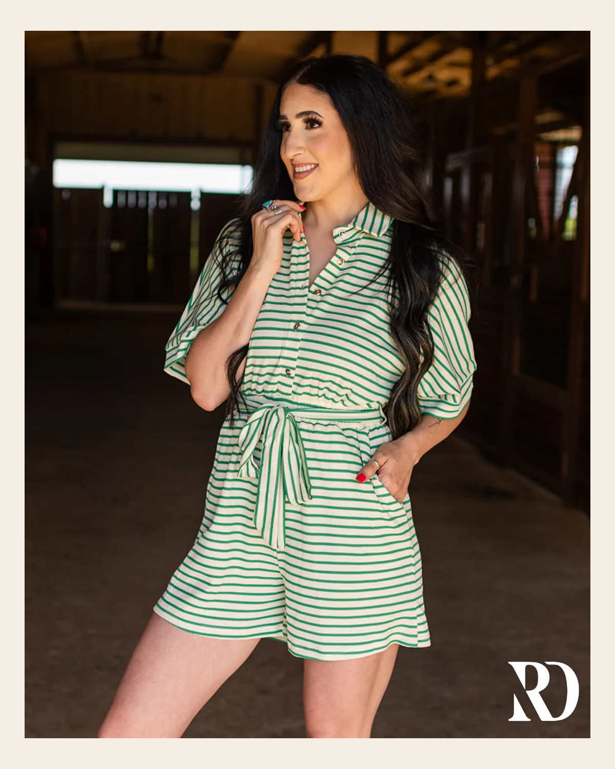 Delilah Textured Striped | Romper on a warm cream background