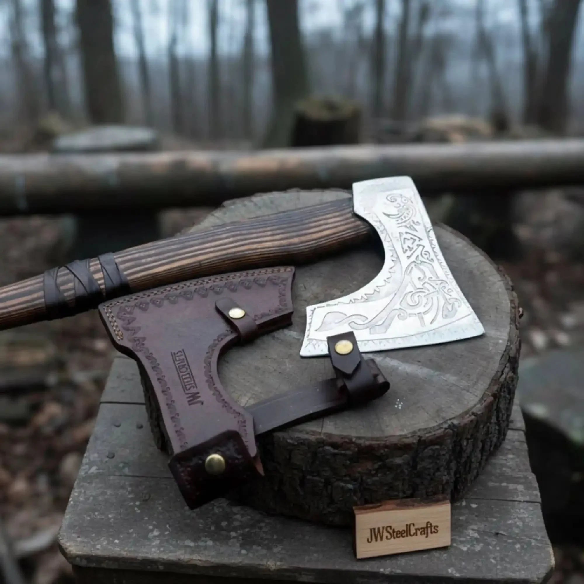 Engraved Carbon Steel Ragnar Axe with Bearded Head