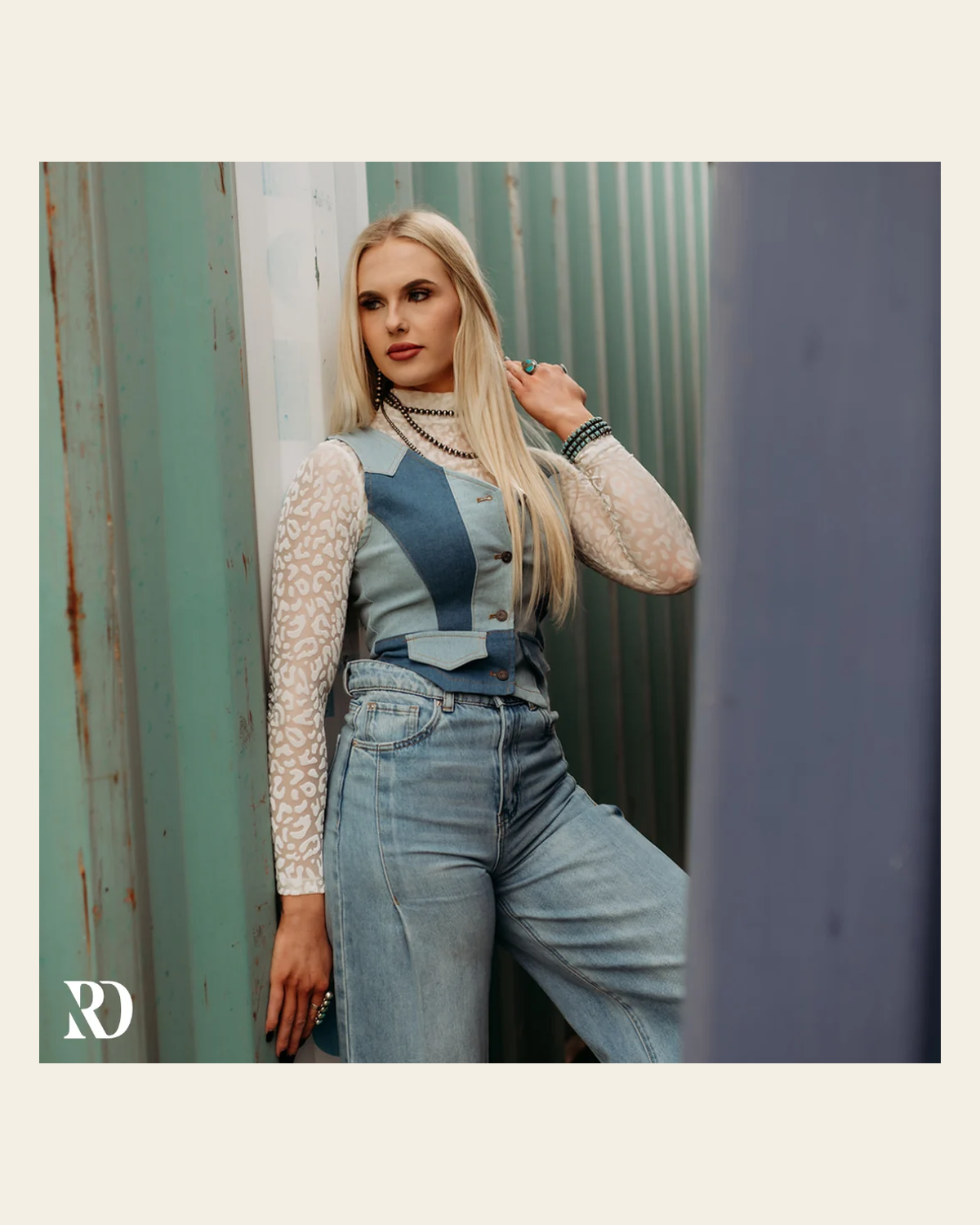 Demi Denim Patchwork | Vest on a warm cream background