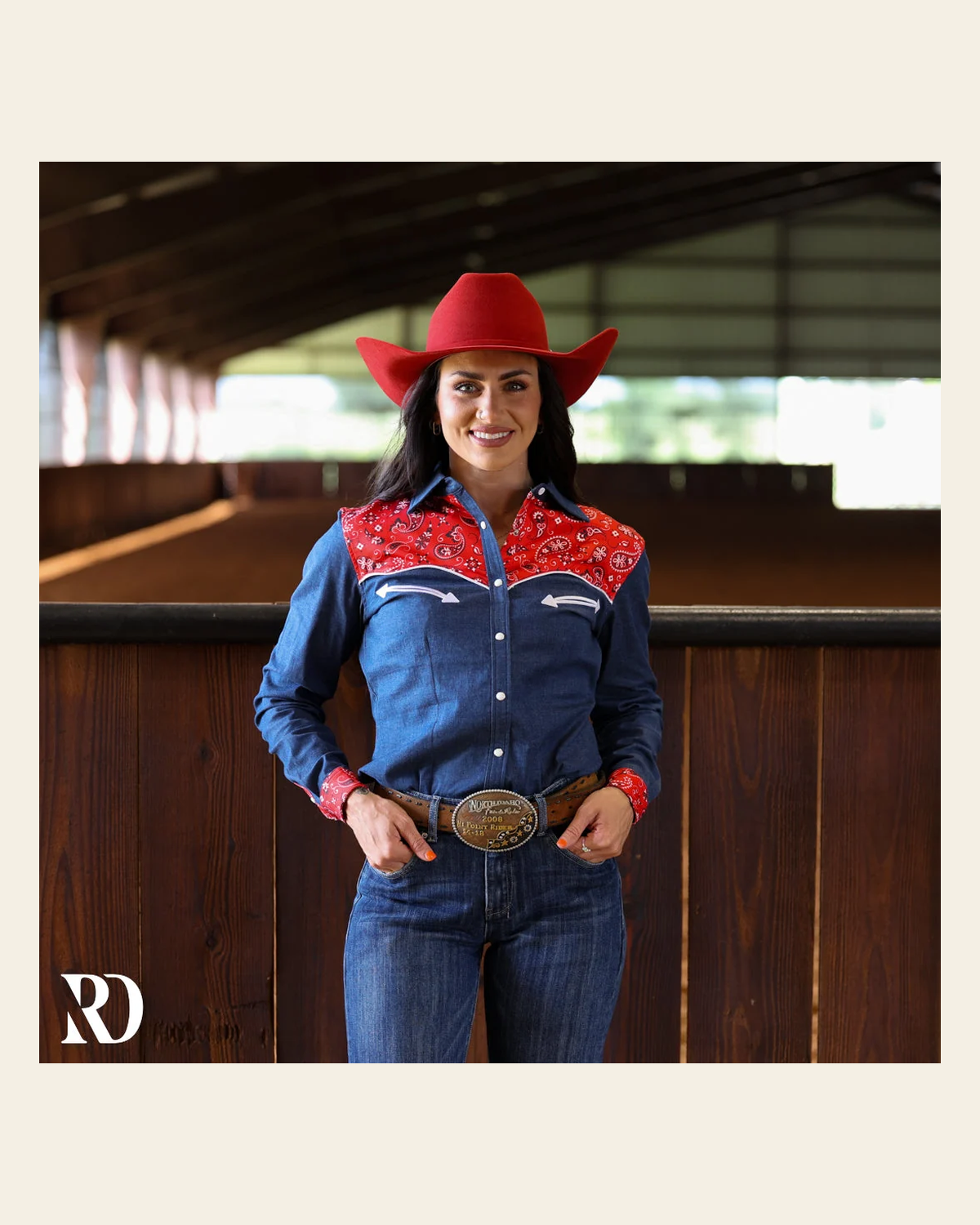 Denim & Red Bandana Rodeo Performance Rodeo Shirt on a warm cream background