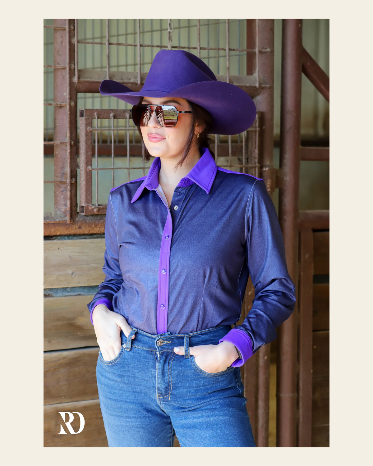 Denim & Purple Performance Rodeo Shirt on a warm cream background