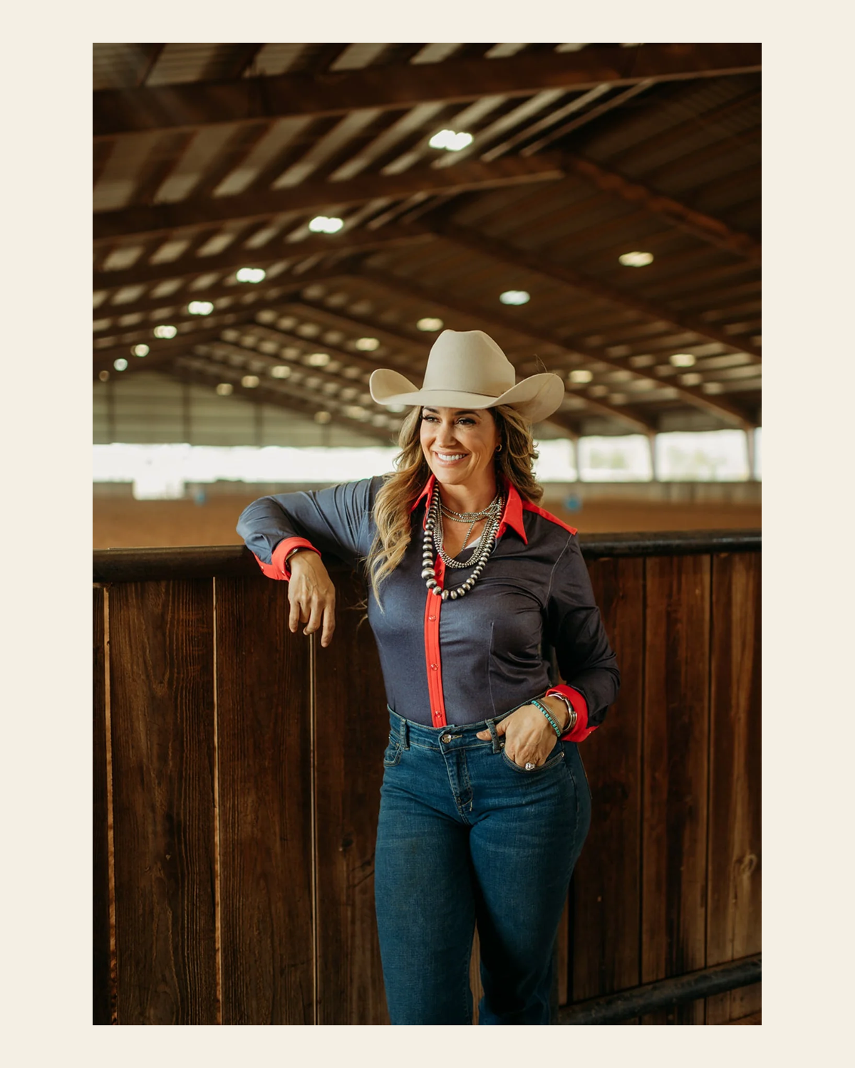Denim & Red Performance Rodeo Rodeo Shirt on a warm cream background