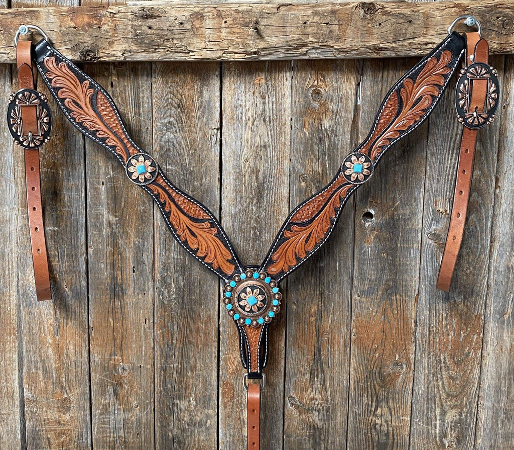 Two Tone Leaf Floral Turquoise One Ear & Breastcollar Tack Set #OEBC430 — view 4