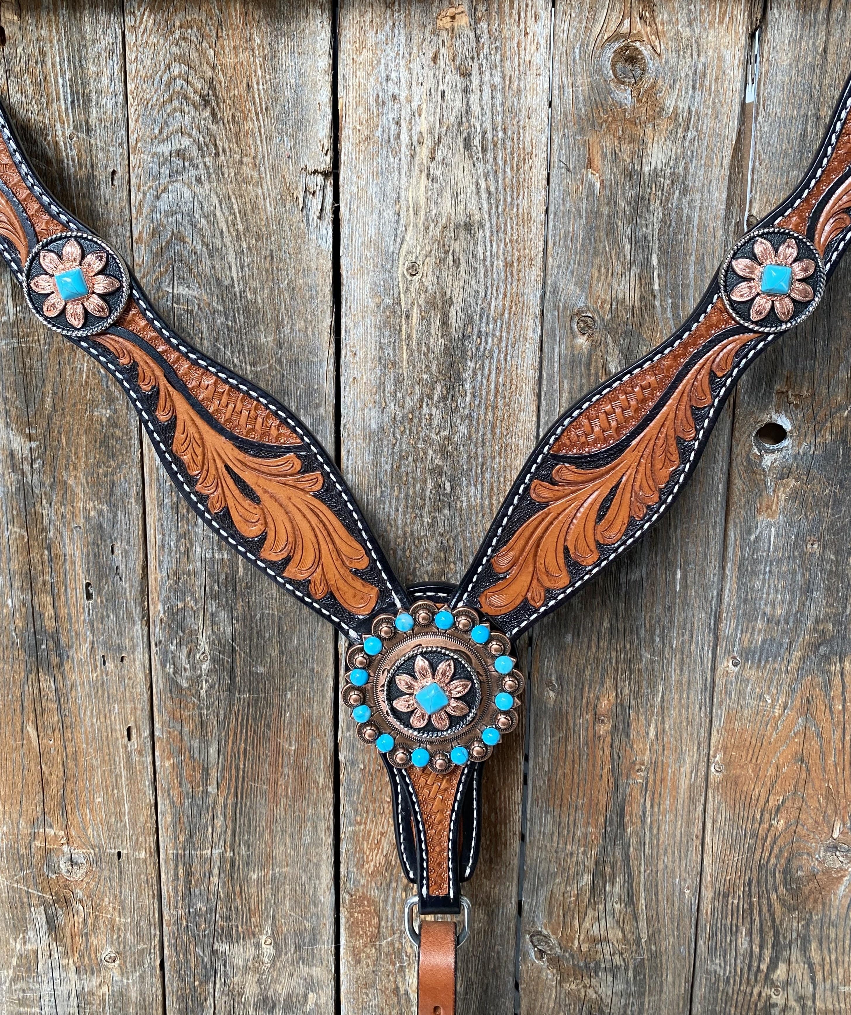 Two Tone Leaf Floral Turquoise One Ear & Breastcollar Tack Set #OEBC430 — view 5