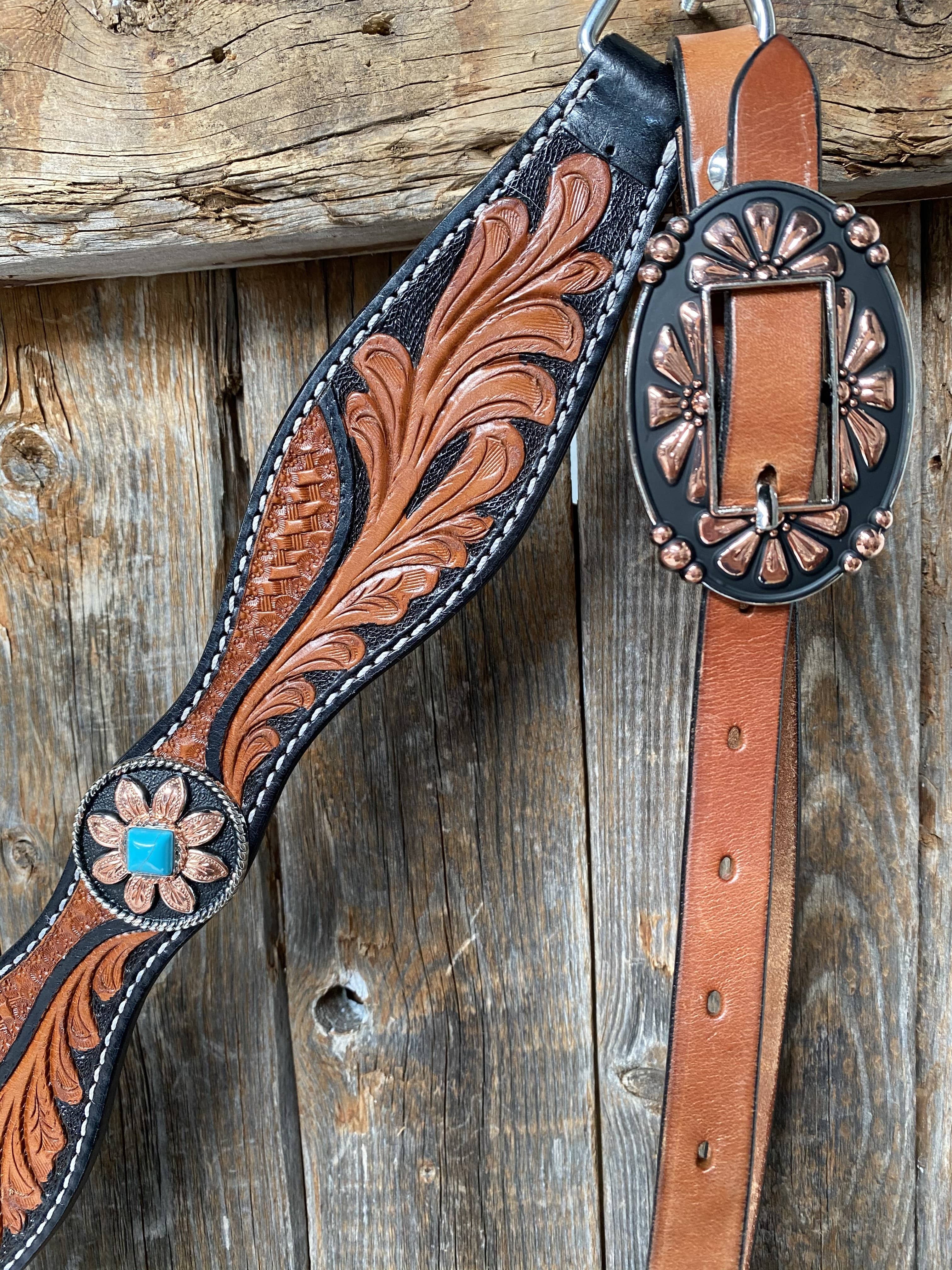 Two Tone Leaf Floral Turquoise One Ear & Breastcollar Tack Set #OEBC430 — view 6