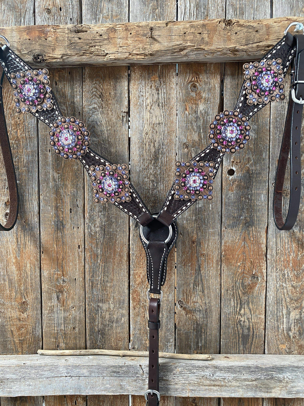Dark Oil Buckstitch One Ear Headstall & Breastcollar - Pink #OEBC415 — view 3