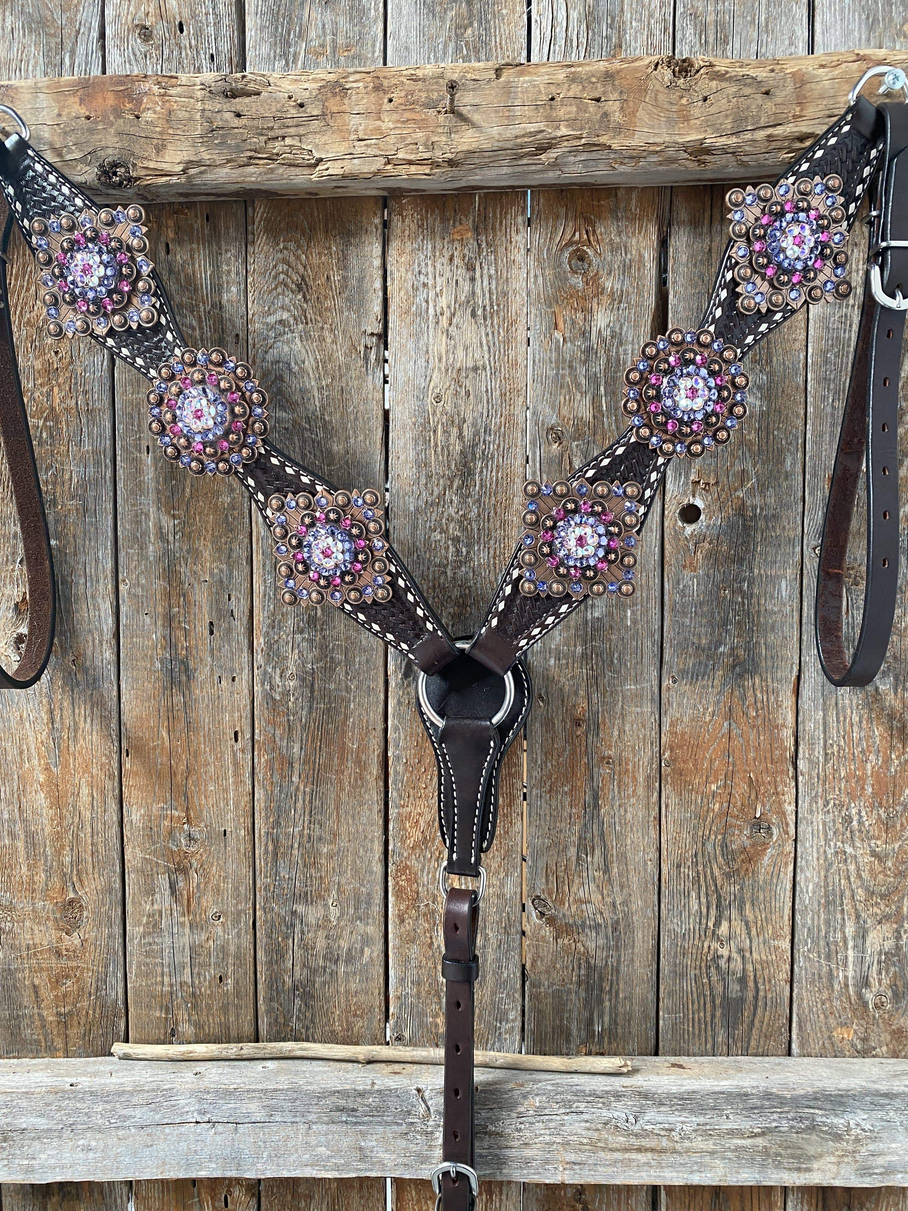 Dark Oil Buckstitch One Ear Headstall & Breastcollar - Pink #OEBC415 — view 3