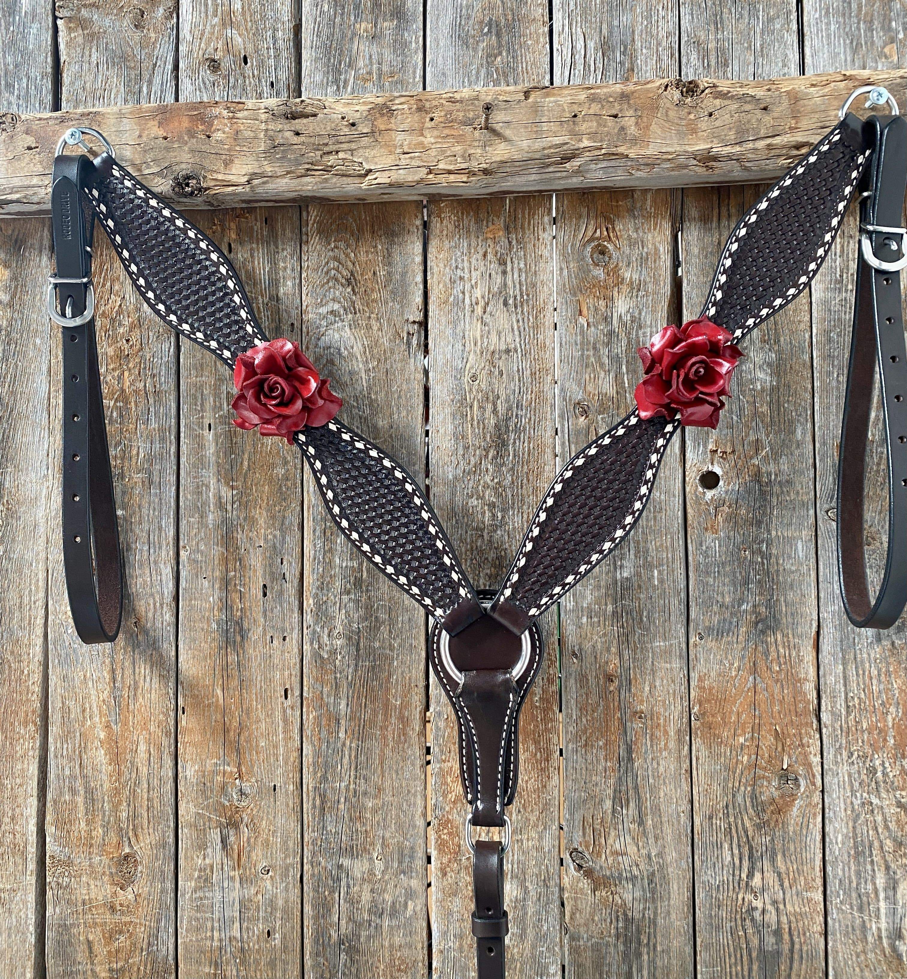 Dark Oil Buckstitch -Red Rose Browband Headstall & Breastcollar Tack Set #BBBC402 — view 5