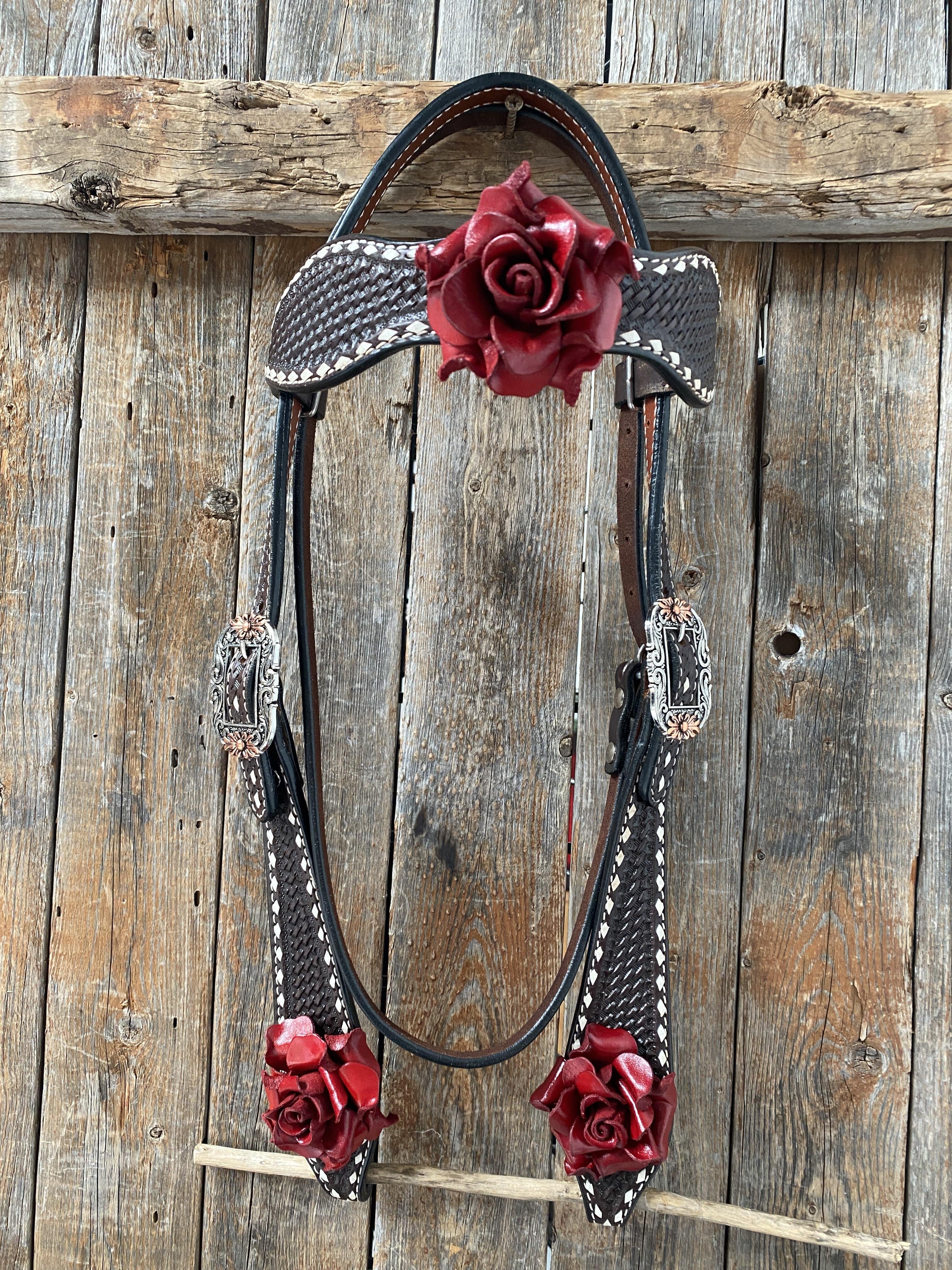Dark Oil Buckstitch -Red Rose Browband Headstall & Breastcollar Tack Set #BBBC402 — view 7