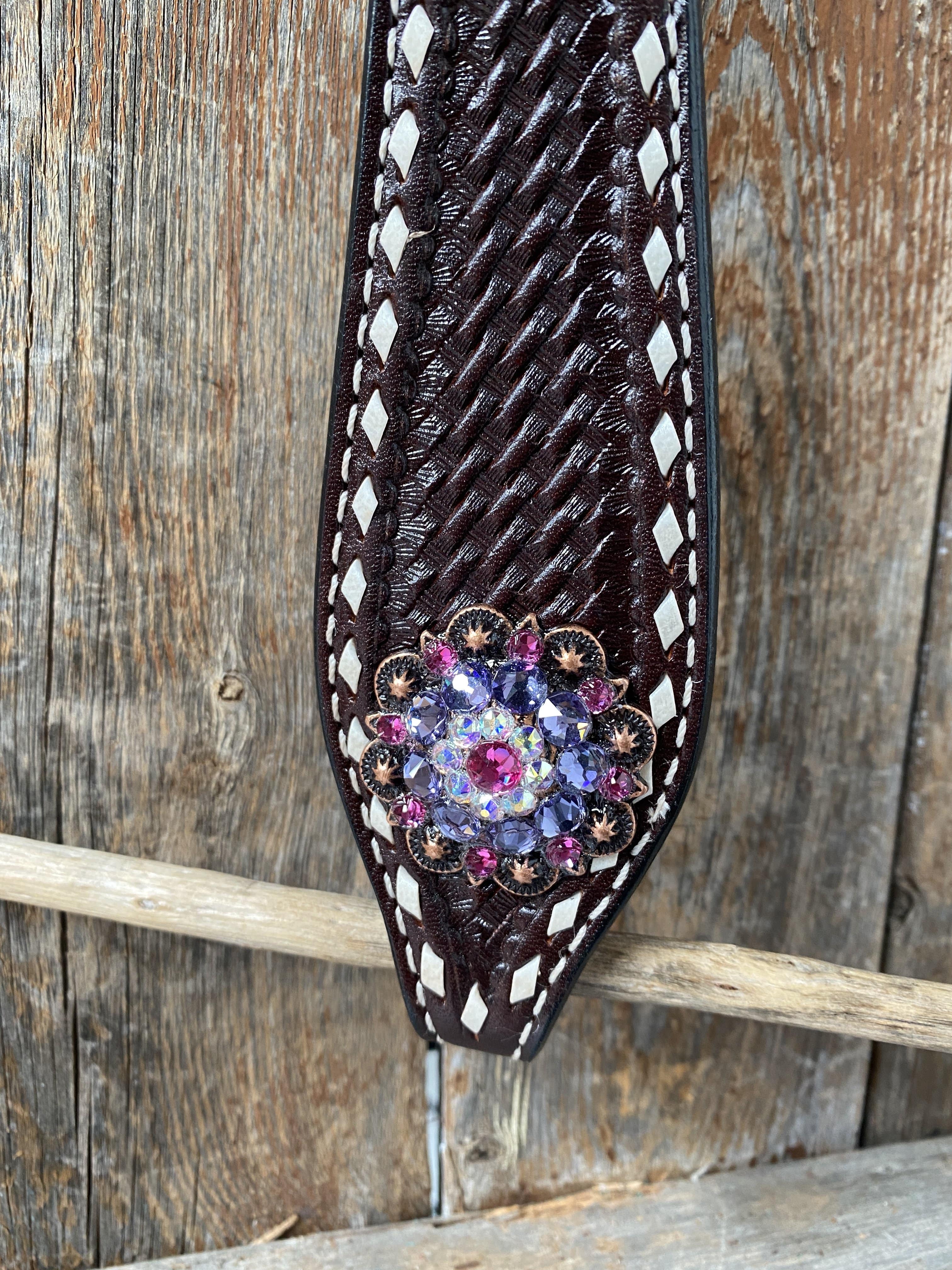 Dark Oil Buckstitch One Ear Headstall & Breastcollar - Pink #OEBC415 — view 8