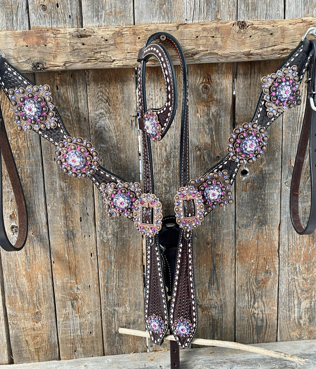Dark Oil Buckstitch One Ear Headstall & Breastcollar - Pink #OEBC415 — view 11