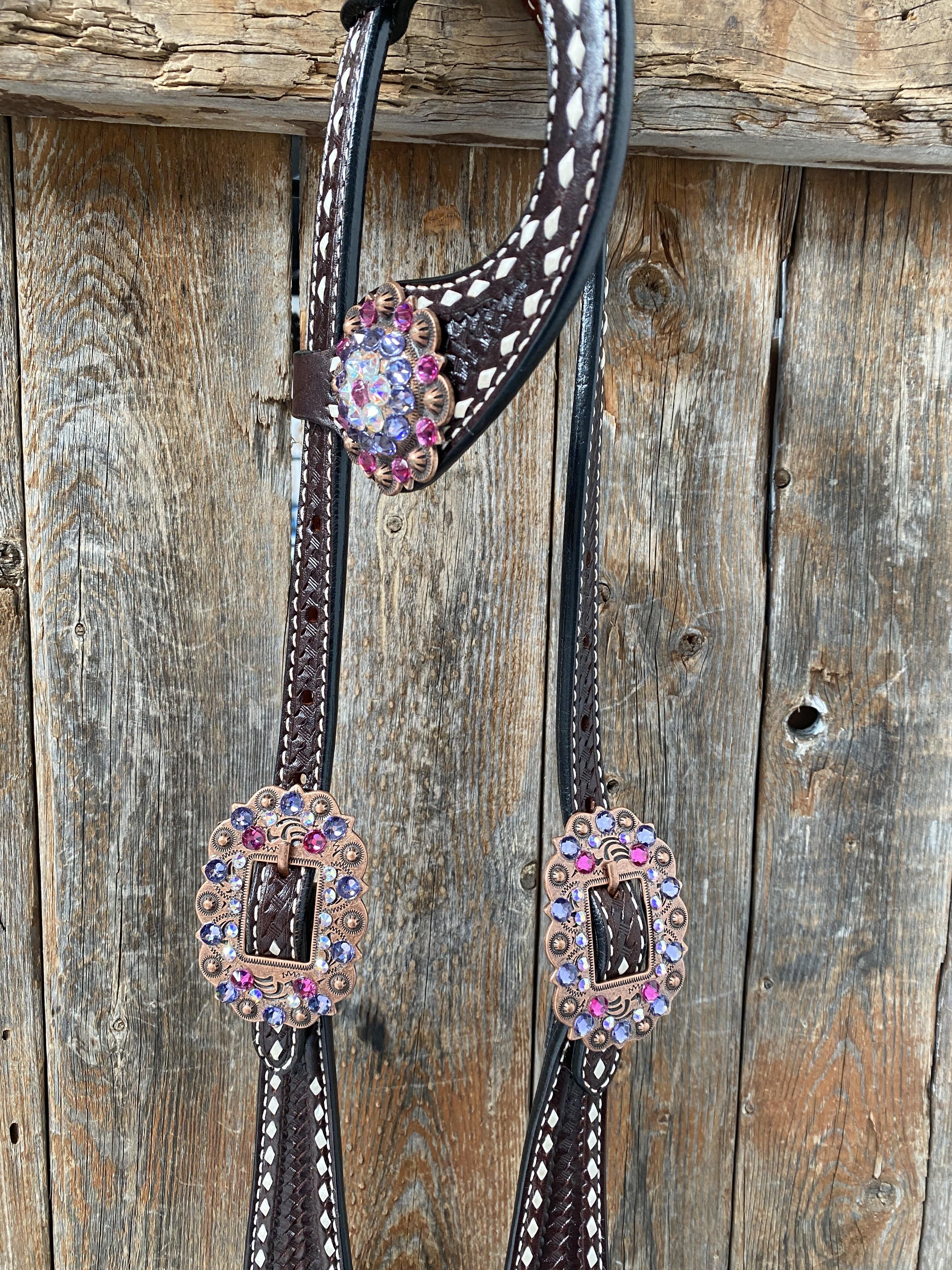 Dark Oil Buckstitch One Ear Headstall & Breastcollar - Pink #OEBC415 — view 7