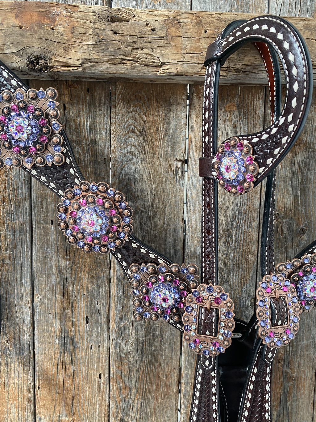 Dark Oil Buckstitch One Ear Headstall & Breastcollar - Pink #OEBC415 — view 4