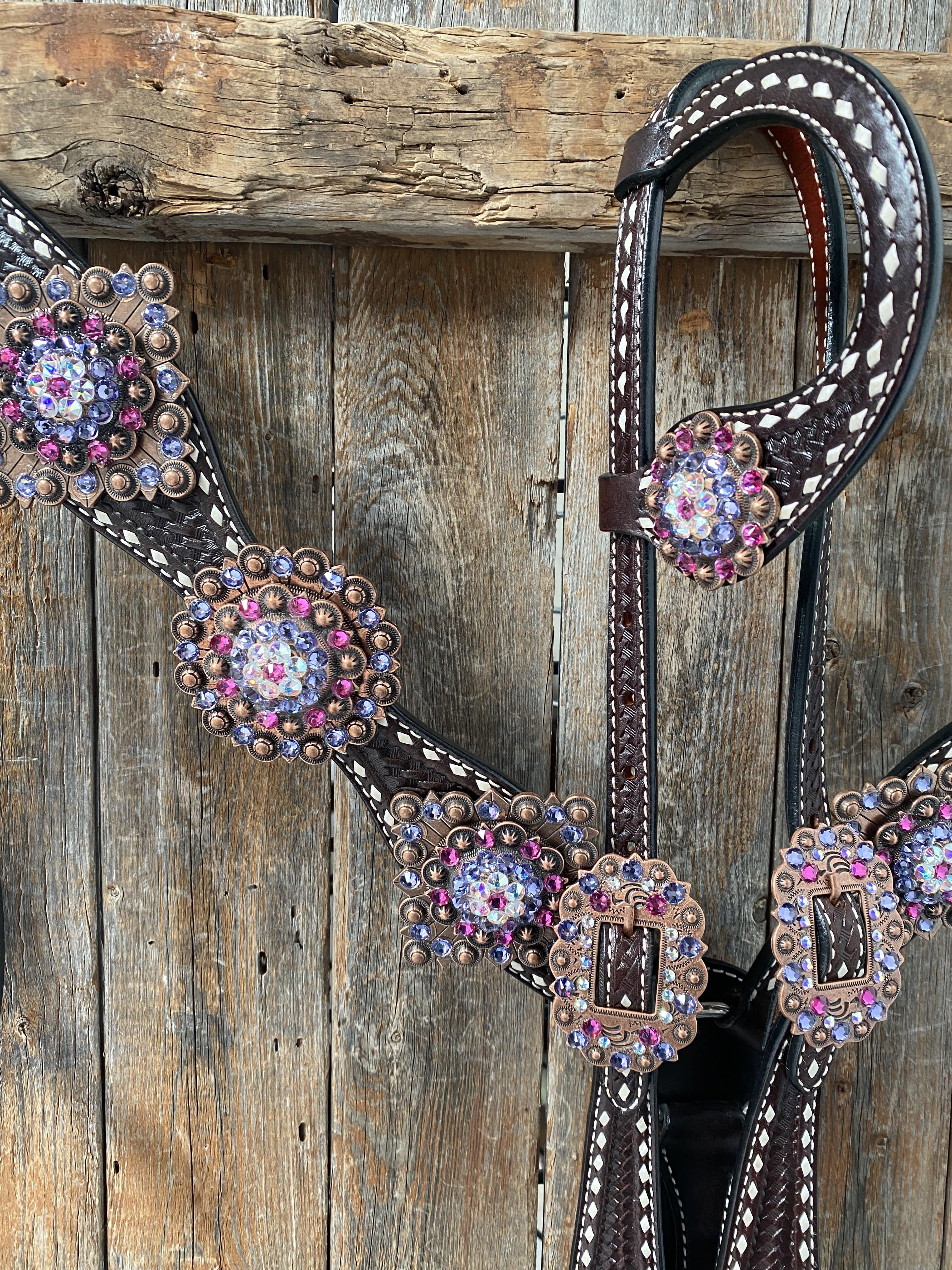 Dark Oil Buckstitch One Ear Headstall & Breastcollar - Pink #OEBC415 — view 4