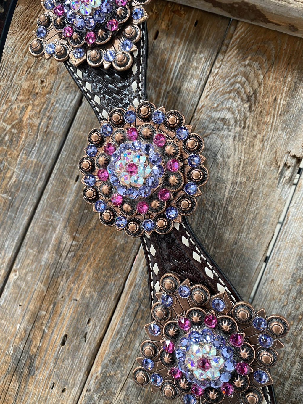Dark Oil Buckstitch One Ear Headstall & Breastcollar - Pink #OEBC415 — view 6