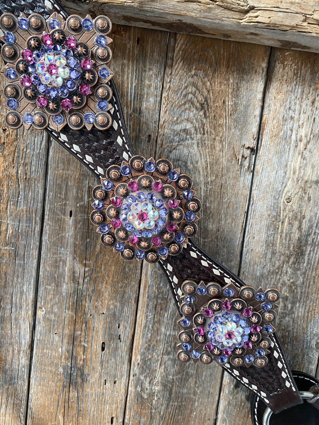 Dark Oil Buckstitch One Ear Headstall & Breastcollar - Pink #OEBC415 — view 5