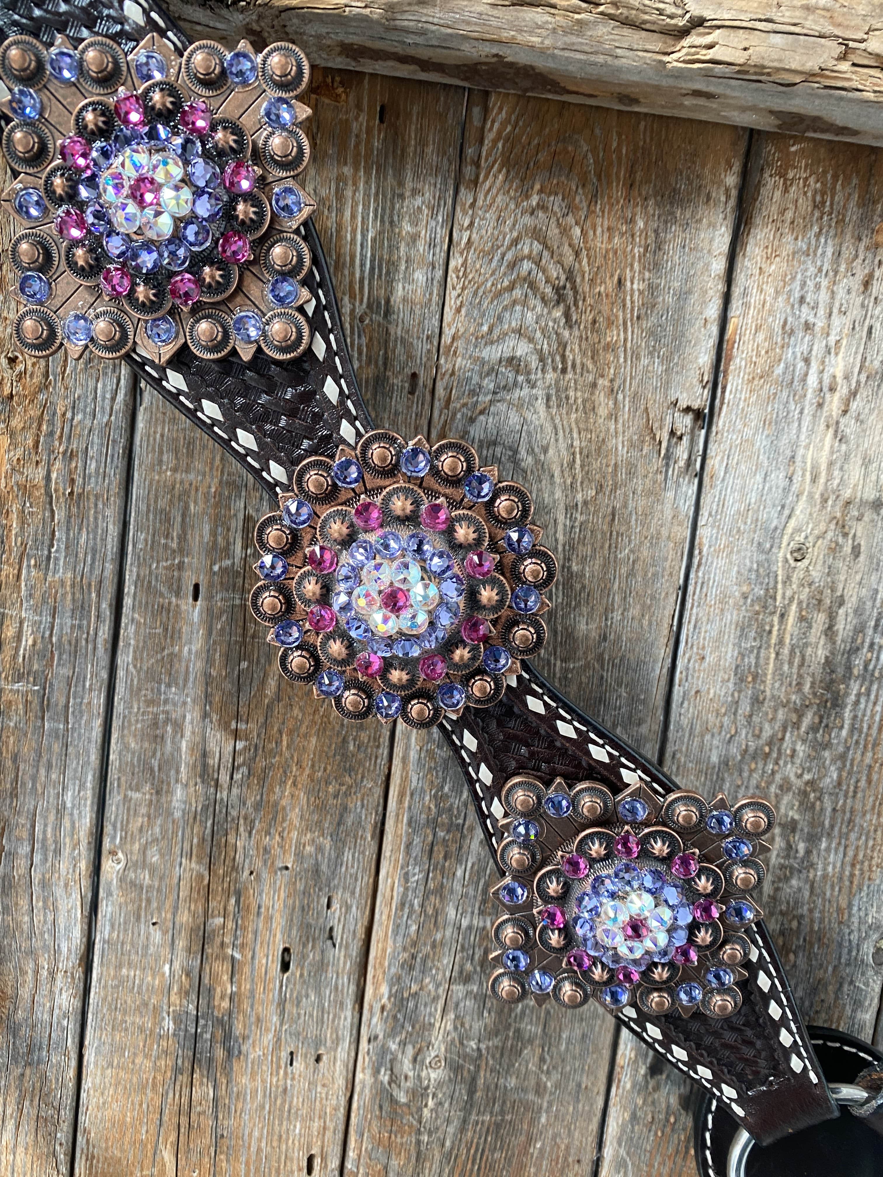 Dark Oil Buckstitch One Ear Headstall & Breastcollar - Pink #OEBC415 — view 5