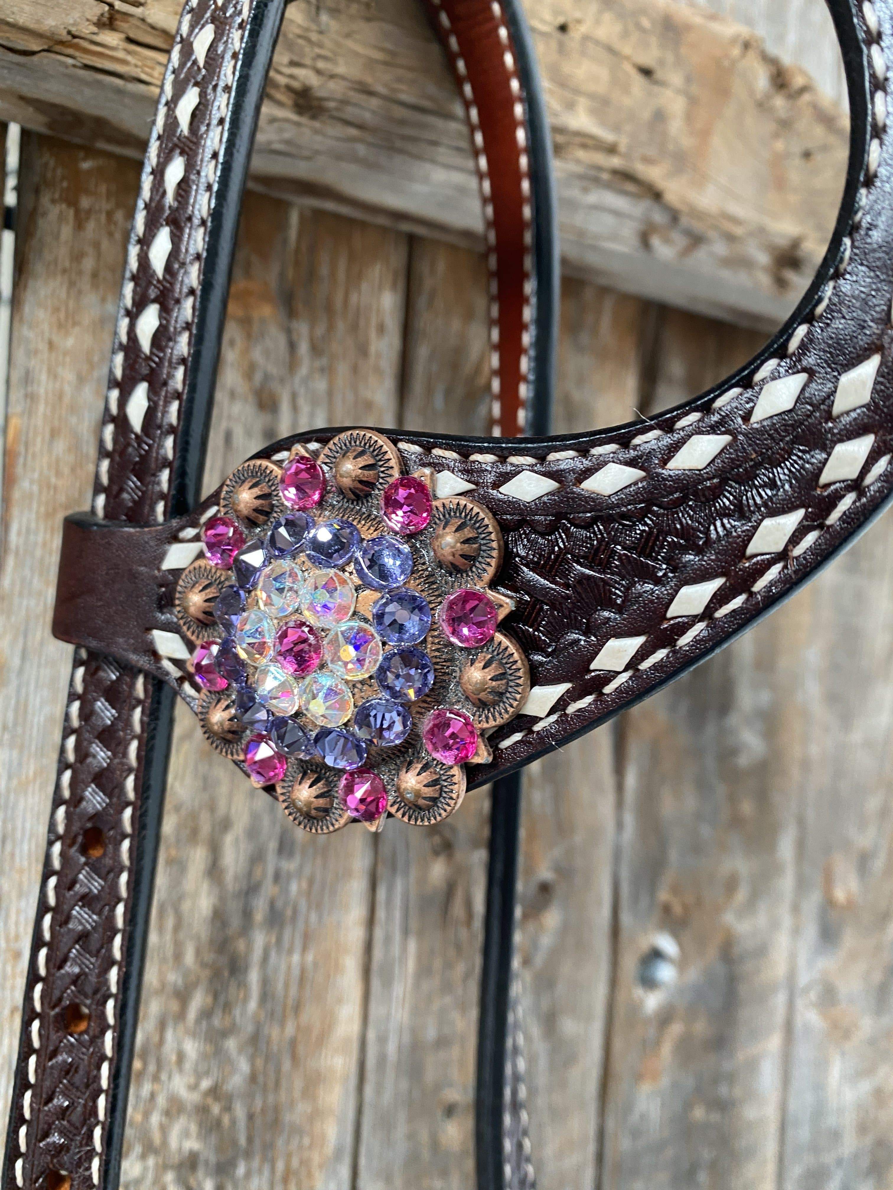 Dark Oil Buckstitch One Ear Headstall & Breastcollar - Pink #OEBC415 — view 9