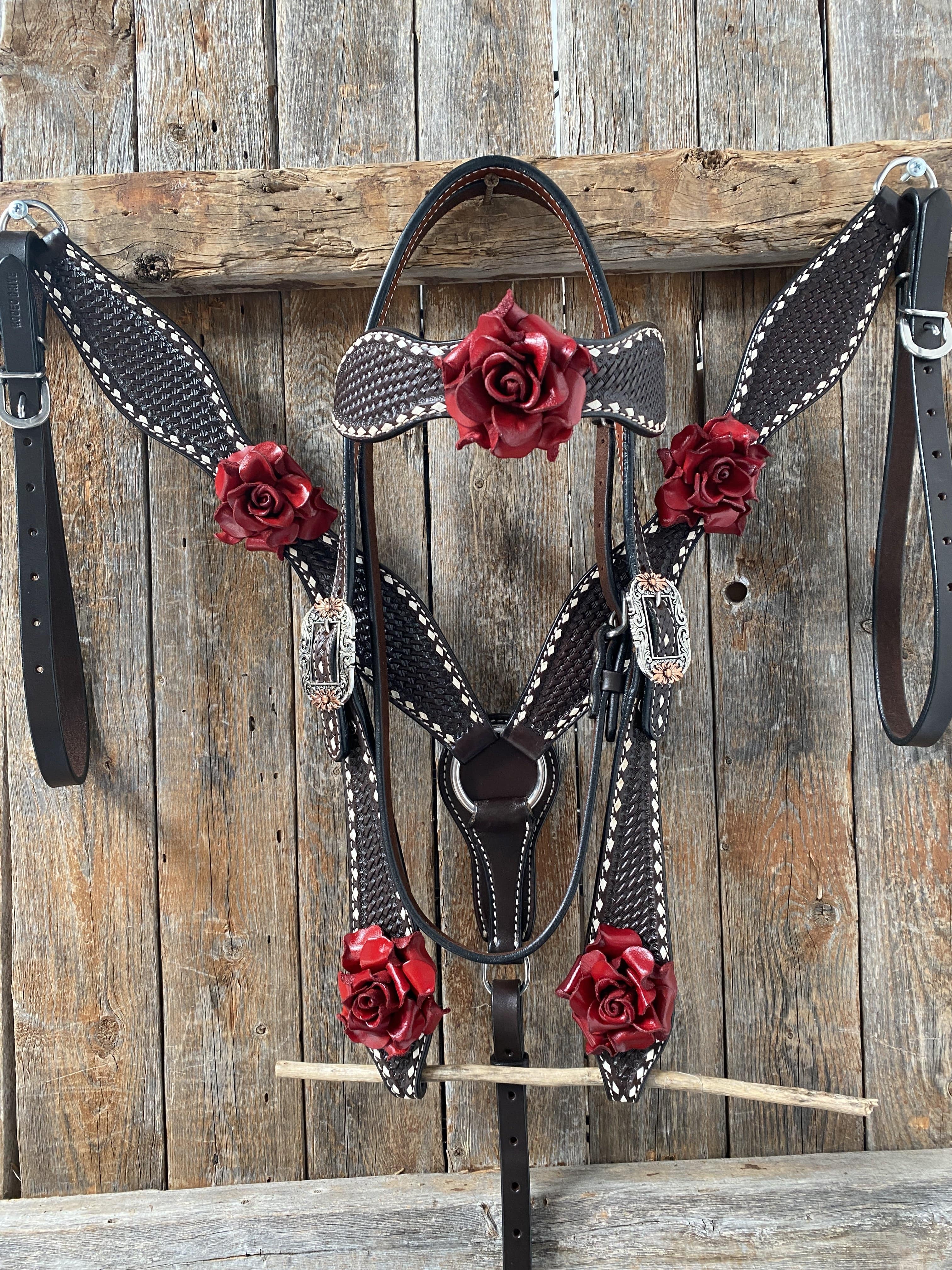 Dark Oil Buckstitch -Red Rose Browband Headstall & Breastcollar Tack Set #BBBC402