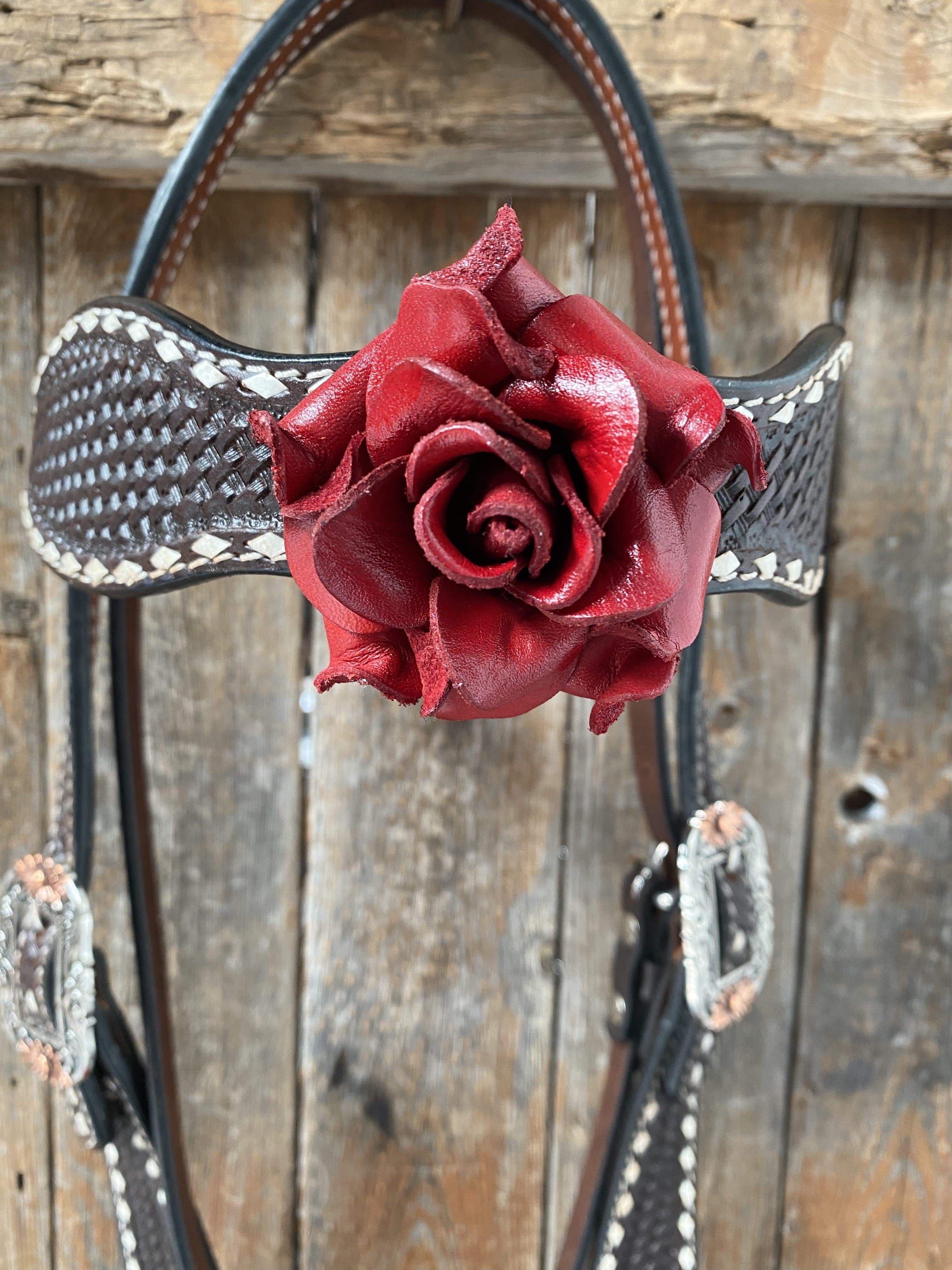 Dark Oil Buckstitch -Red Rose Browband Headstall & Breastcollar Tack Set #BBBC402 — view 3