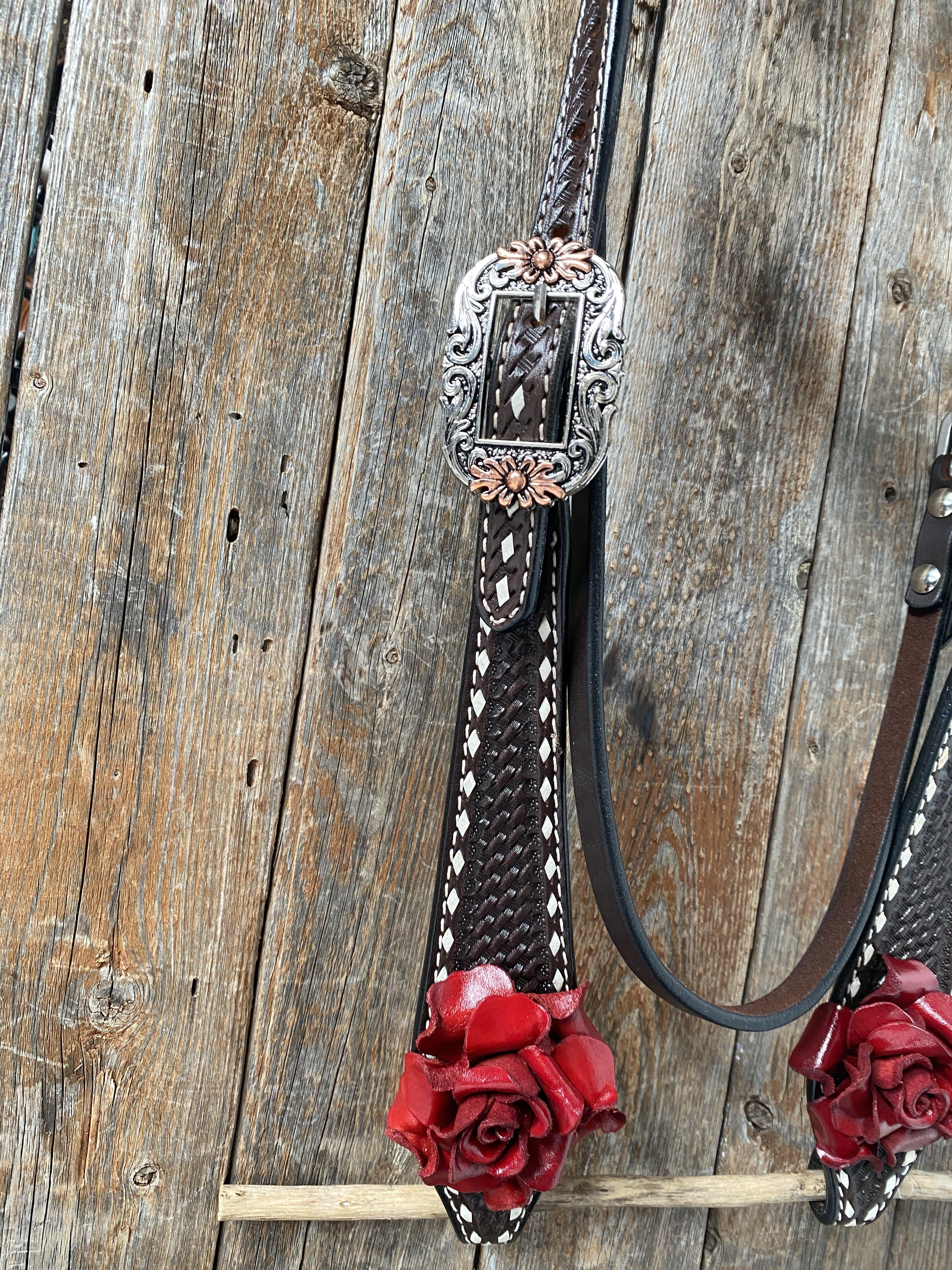 Dark Oil Buckstitch -Red Rose Browband Headstall & Breastcollar Tack Set #BBBC402 — view 4