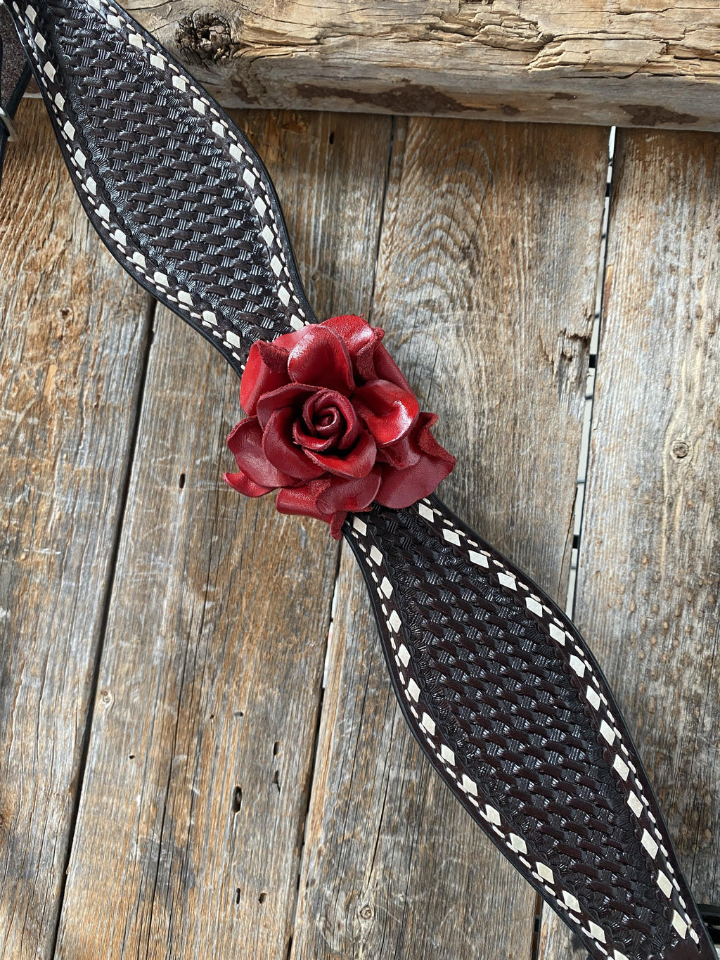 Dark Oil Buckstitch -Red Rose Browband Headstall & Breastcollar Tack Set #BBBC402 — view 6